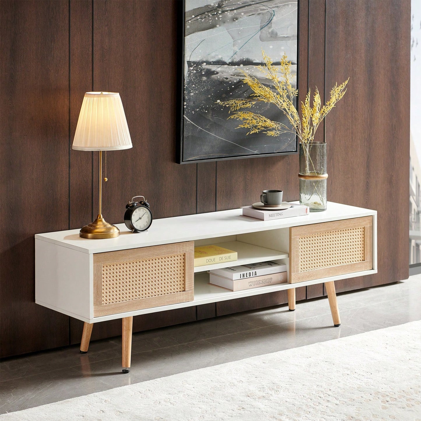 55.12" Rattan TV Cabinet With Sliding Doors And Adjustable Shelves