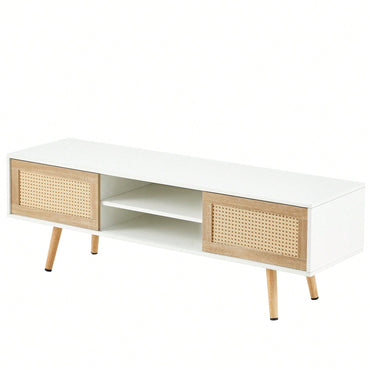 55.12" Rattan TV Cabinet With Sliding Doors And Adjustable Shelves