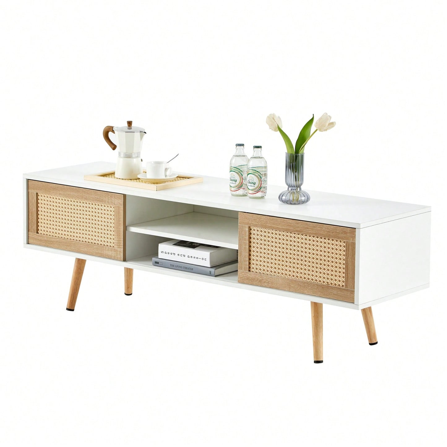 55.12" Rattan TV Cabinet With Sliding Doors And Adjustable Shelves