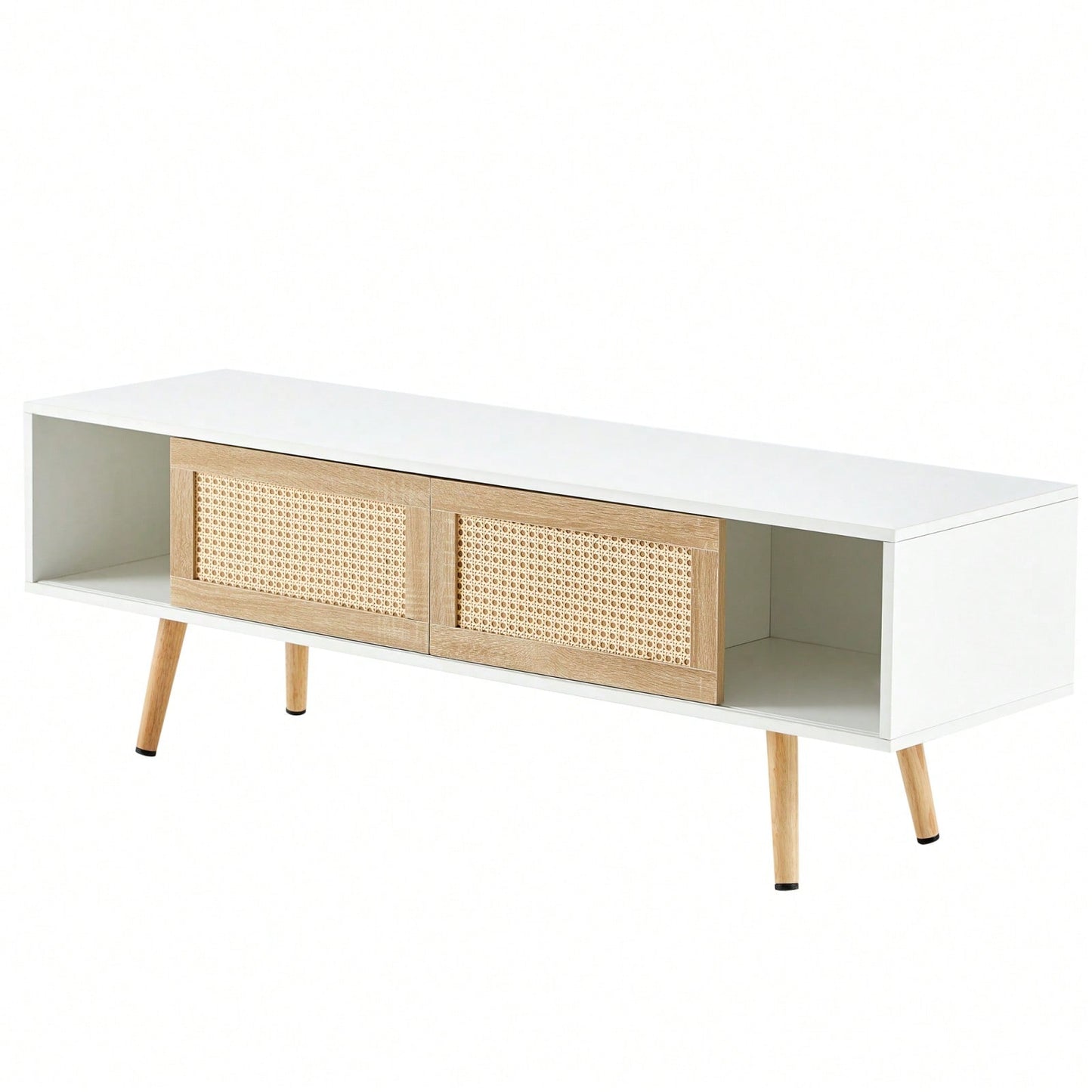 55.12" Rattan TV Cabinet With Sliding Doors And Adjustable Shelves