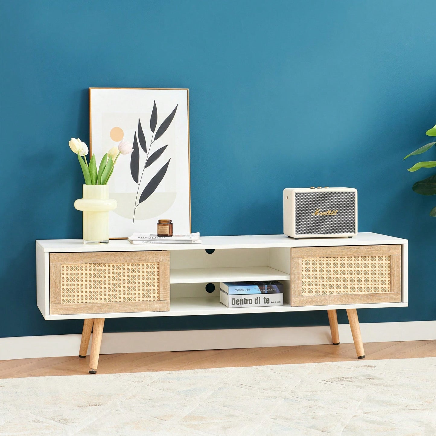 55.12" Rattan TV Cabinet With Sliding Doors And Adjustable Shelves