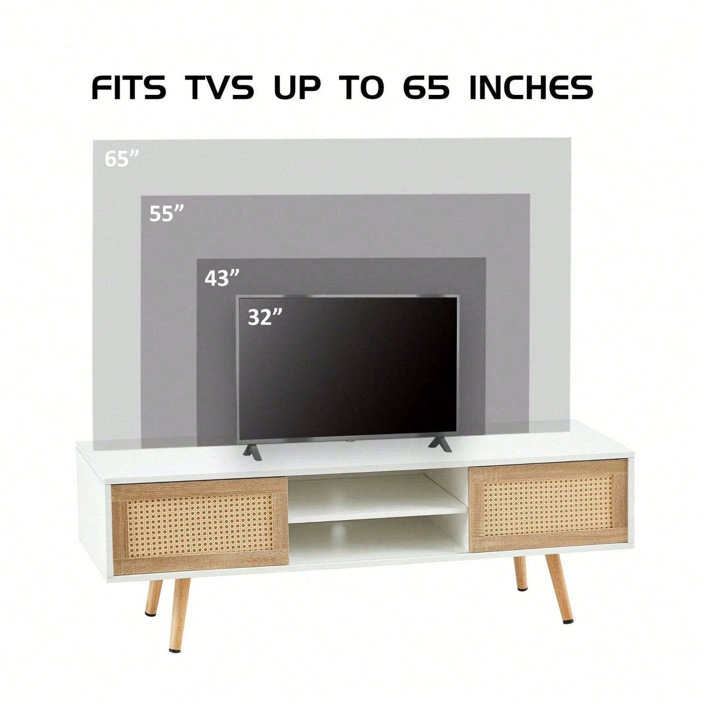 55.12" Rattan TV Cabinet With Sliding Doors And Adjustable Shelves
