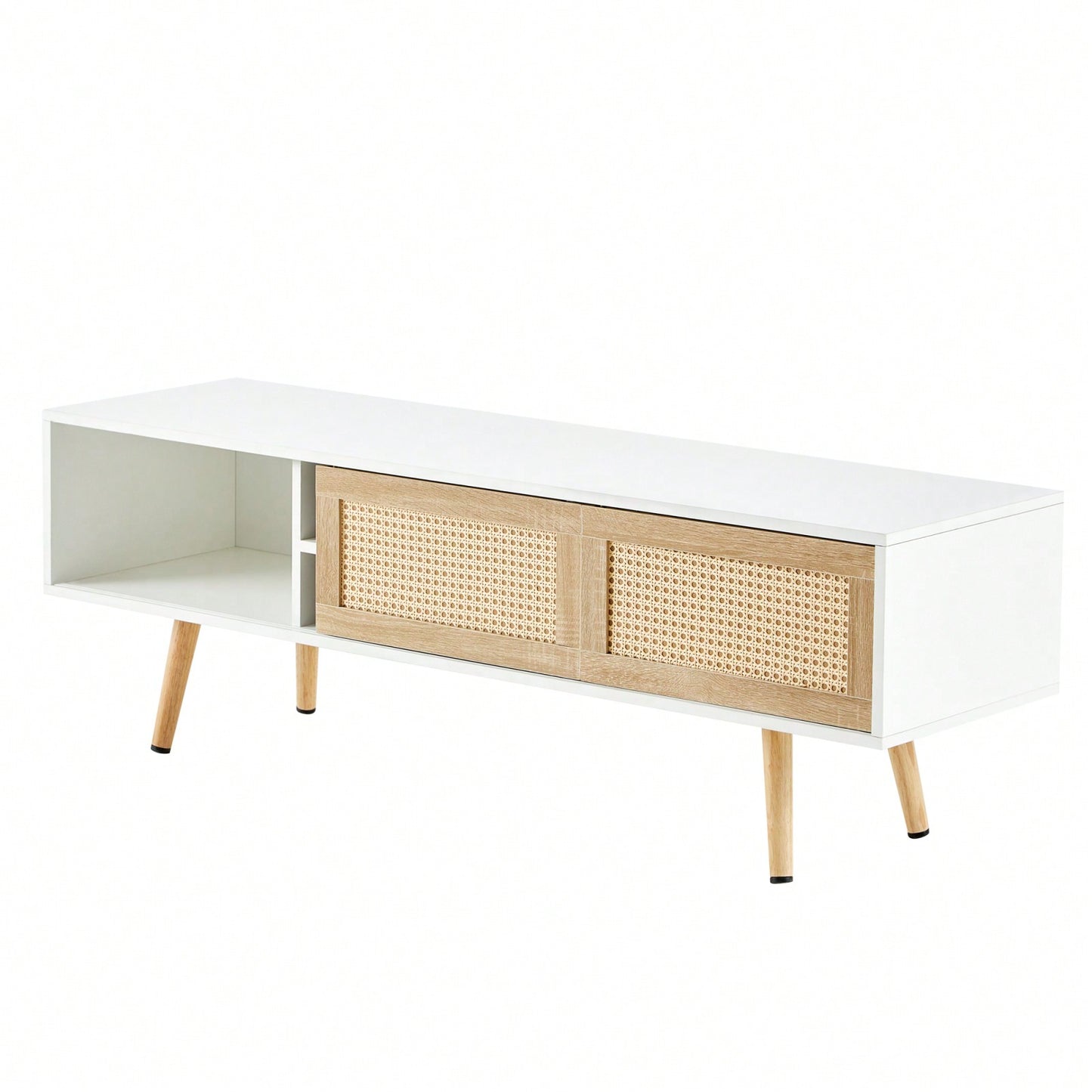 55.12" Rattan TV Cabinet With Sliding Doors And Adjustable Shelves