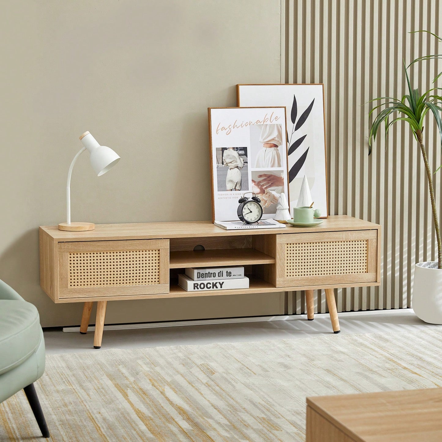 55.12" Rattan TV Cabinet With Sliding Doors And Adjustable Shelves