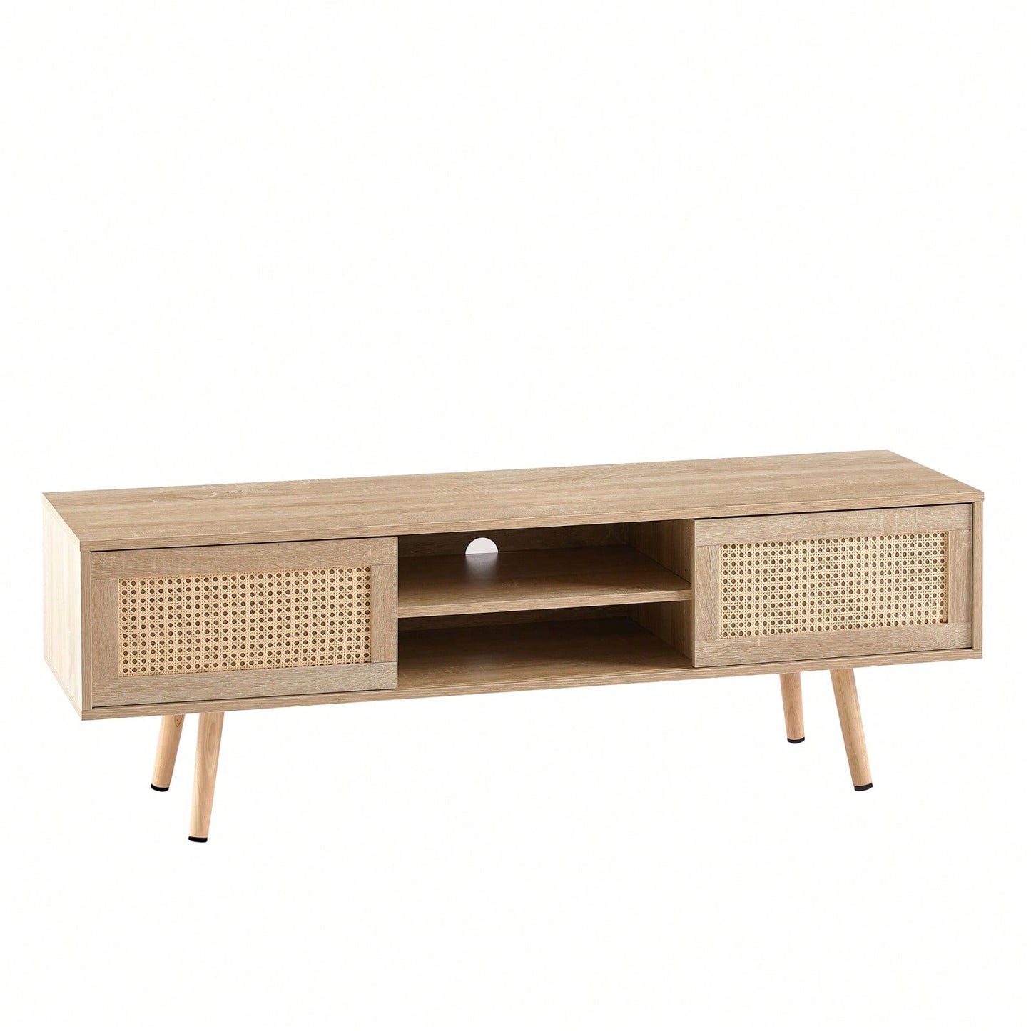 55.12" Rattan TV Cabinet With Sliding Doors And Adjustable Shelves