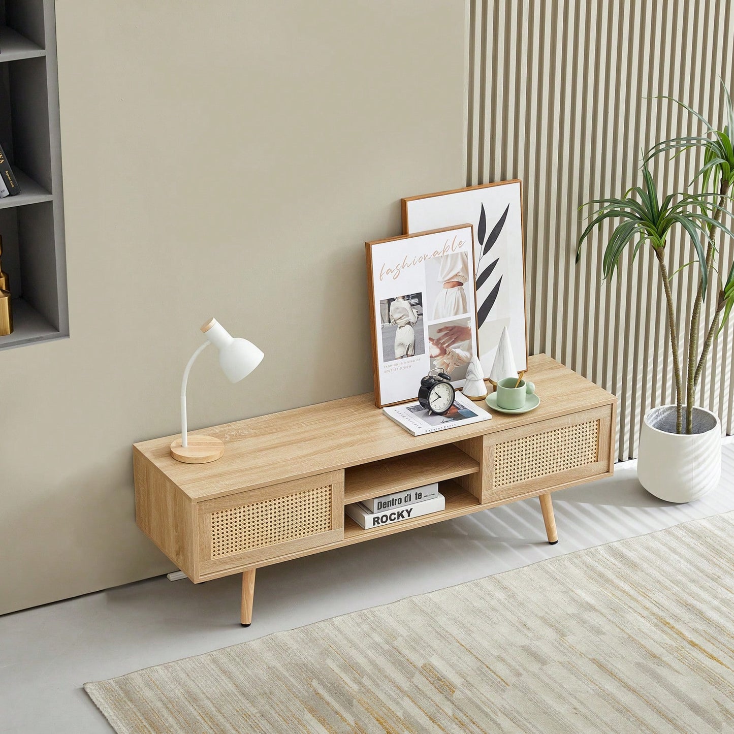 55.12" Rattan TV Cabinet With Sliding Doors And Adjustable Shelves