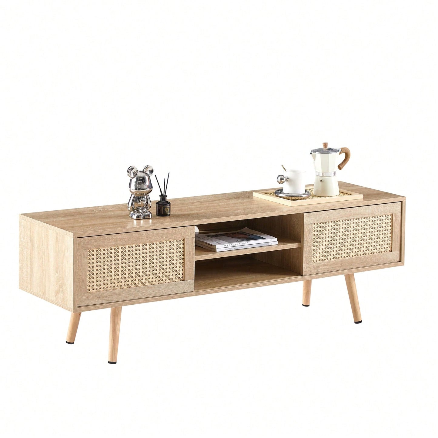 55.12" Rattan TV Cabinet With Sliding Doors And Adjustable Shelves