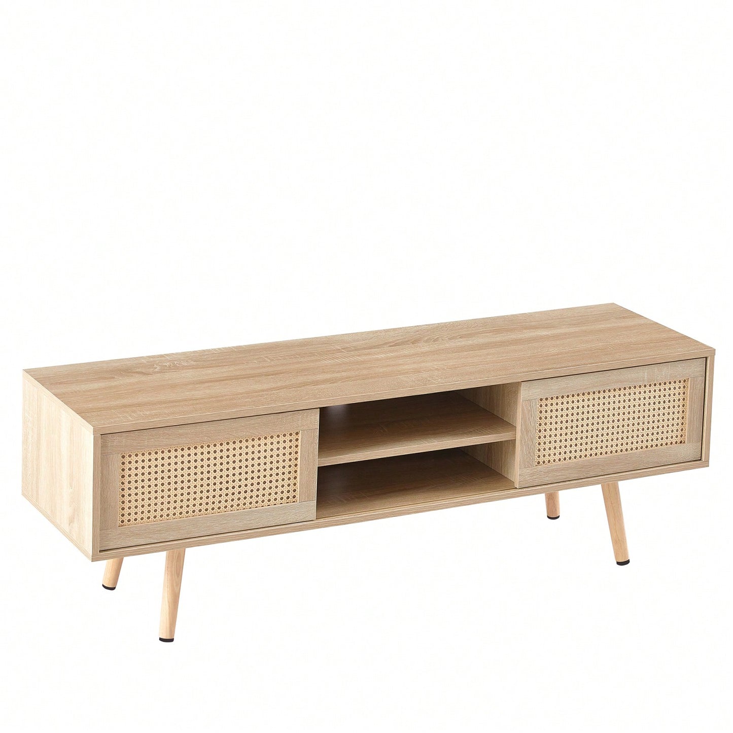 55.12" Rattan TV Cabinet With Sliding Doors And Adjustable Shelves