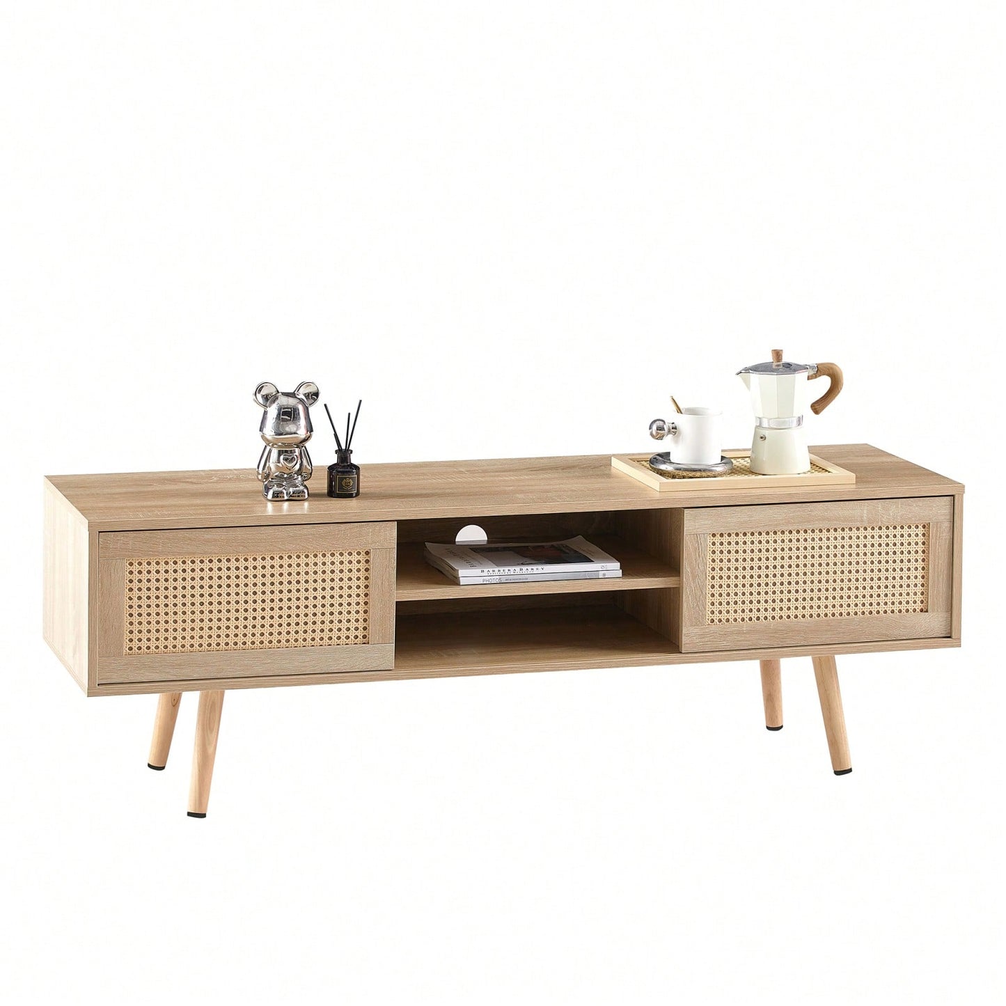 55.12" Rattan TV Cabinet With Sliding Doors And Adjustable Shelves