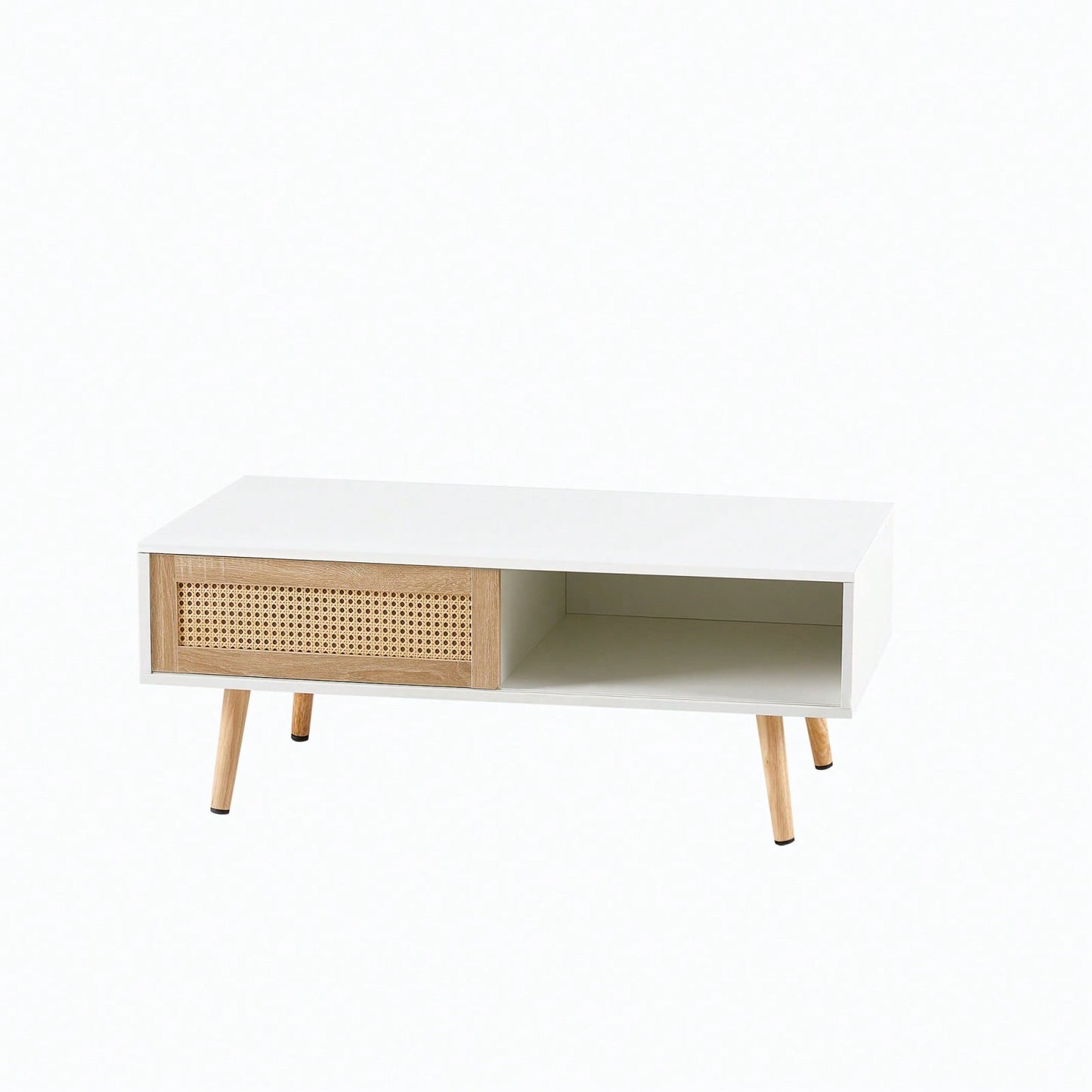 41.34" Rattan Coffee Table With Sliding Door, Solid Wood Legs, Modern Design For Living Room - White
