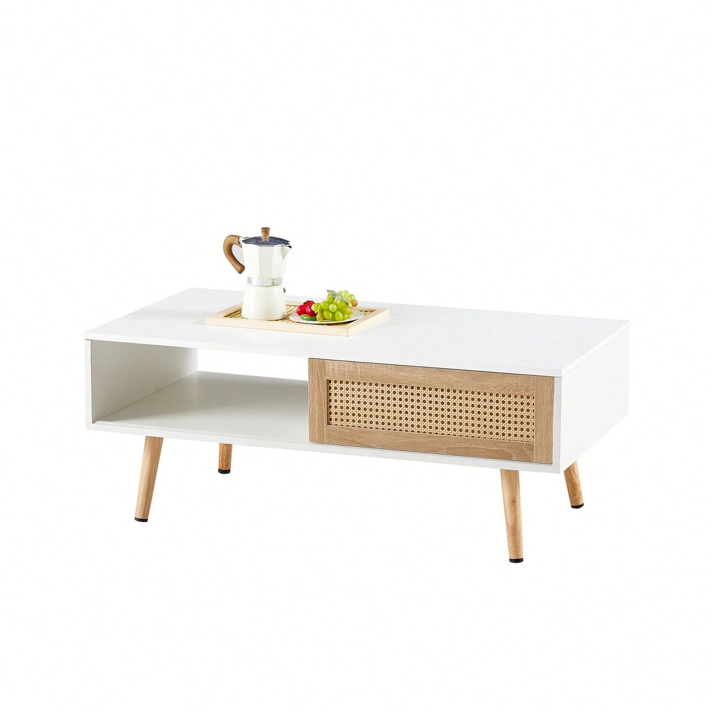 41.34" Rattan Coffee Table With Sliding Door, Solid Wood Legs, Modern Design For Living Room - White