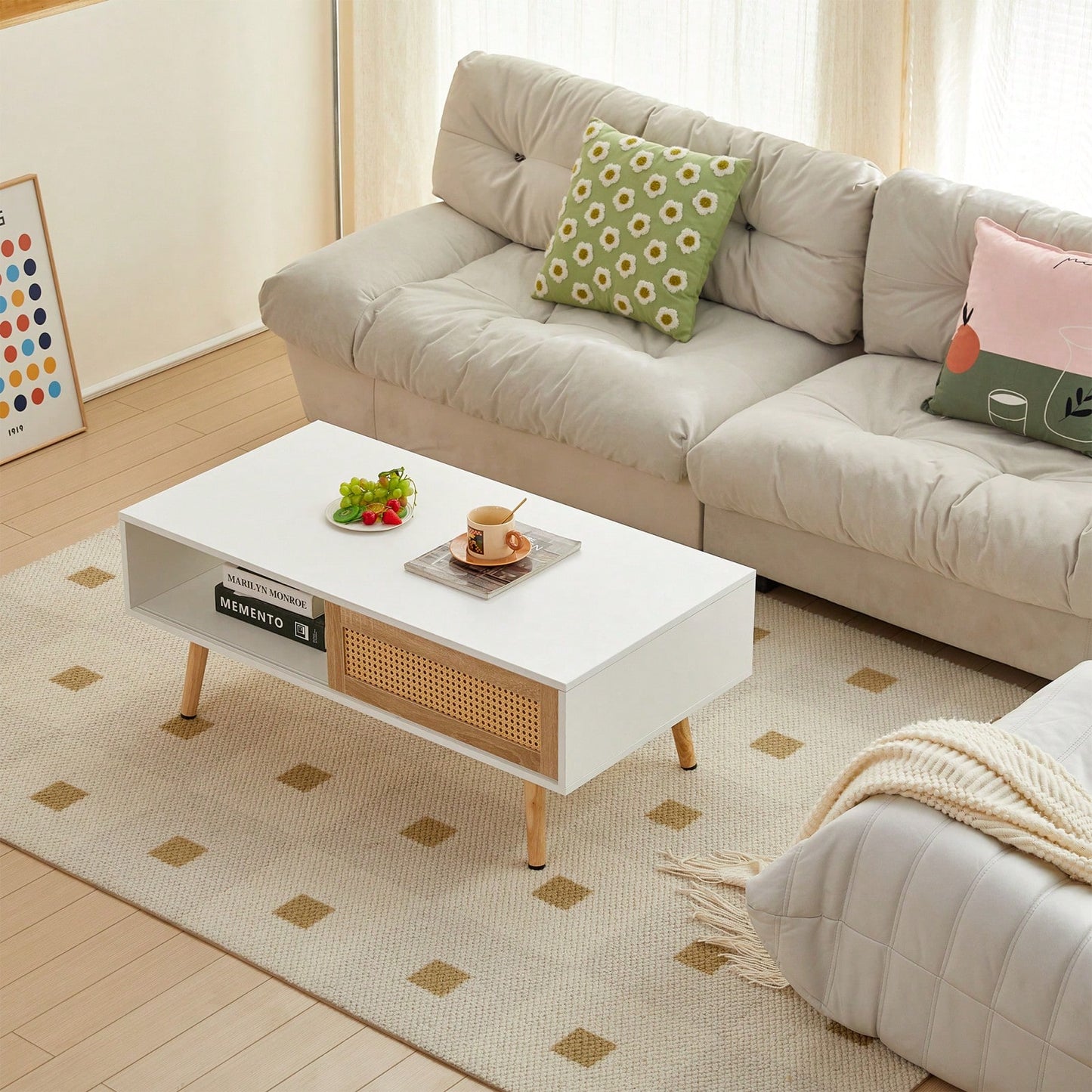 41.34" Rattan Coffee Table With Sliding Door, Solid Wood Legs, Modern Design For Living Room - White