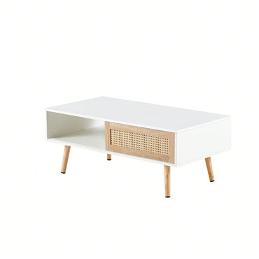 41.34" Rattan Coffee Table With Sliding Door, Solid Wood Legs, Modern Design For Living Room - White