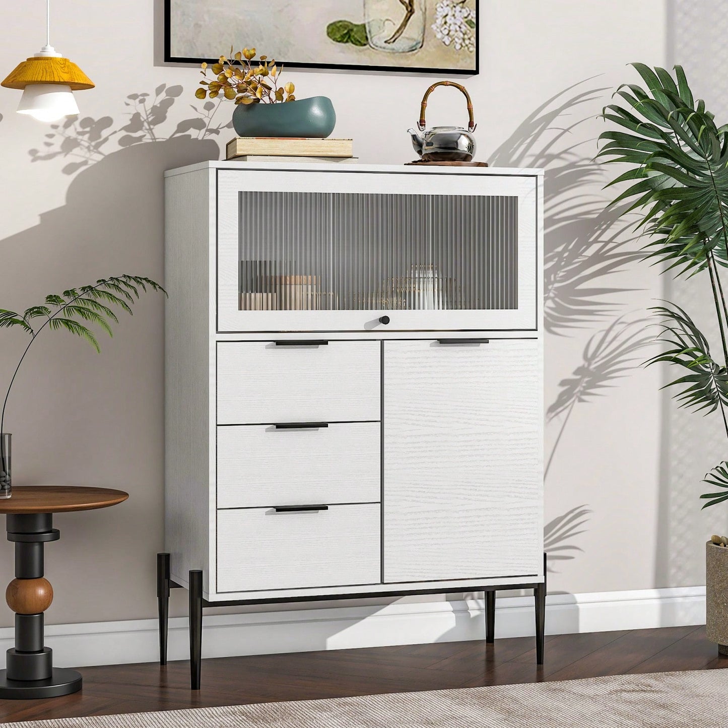33.46" X 15.74" X 47.2" Wood Sideboard With 3 Drawers, 1 Door, 1 Glass Door, Soft-Close Hinges, Adjustable Shelves