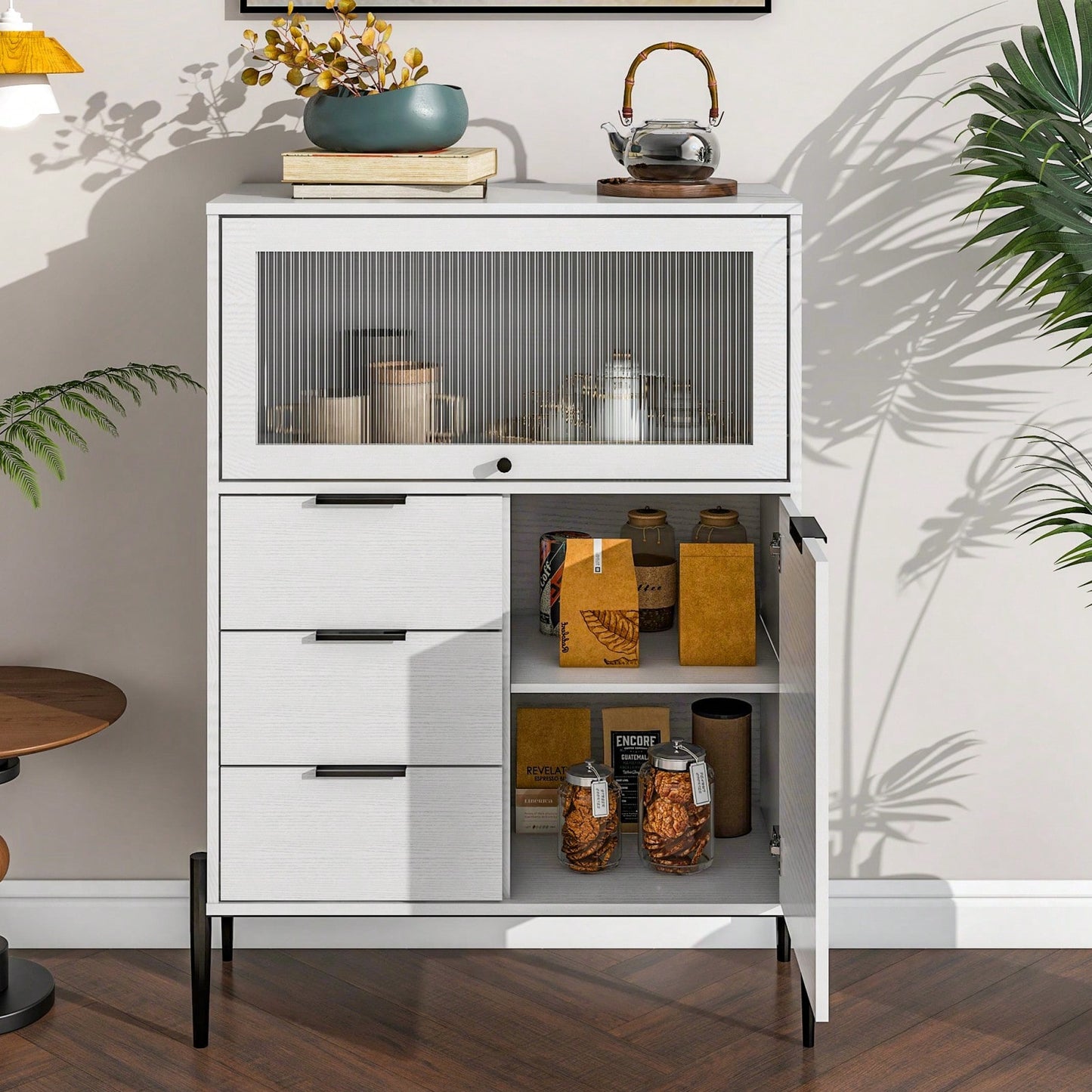 33.46" X 15.74" X 47.2" Wood Sideboard With 3 Drawers, 1 Door, 1 Glass Door, Soft-Close Hinges, Adjustable Shelves