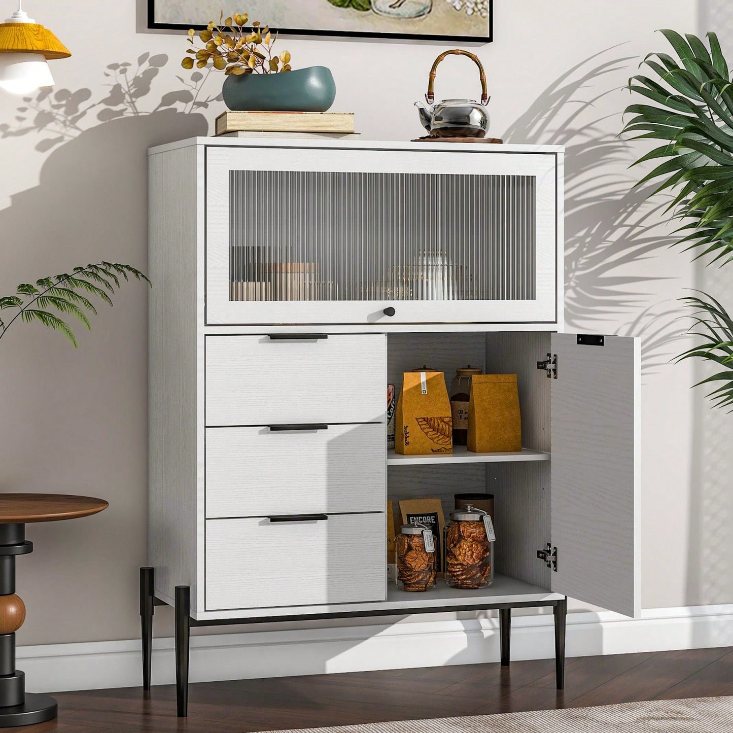 33.46" X 15.74" X 47.2" Wood Sideboard With 3 Drawers, 1 Door, 1 Glass Door, Soft-Close Hinges, Adjustable Shelves