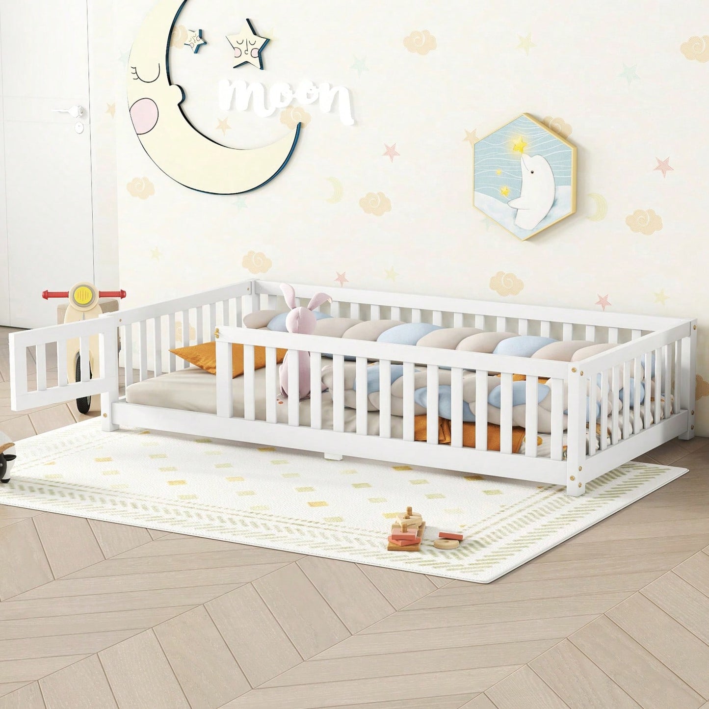 The Twin Size Bed Floor Bed With Safety Guardrails And Door For Kids