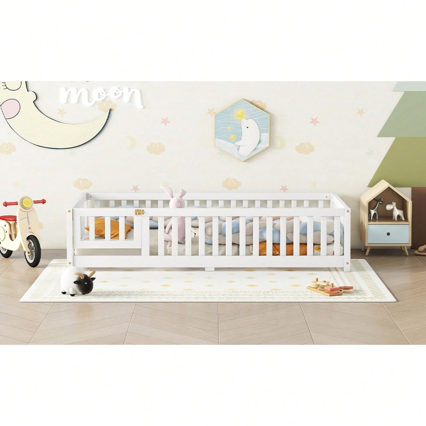 The Twin Size Bed Floor Bed With Safety Guardrails And Door For Kids
