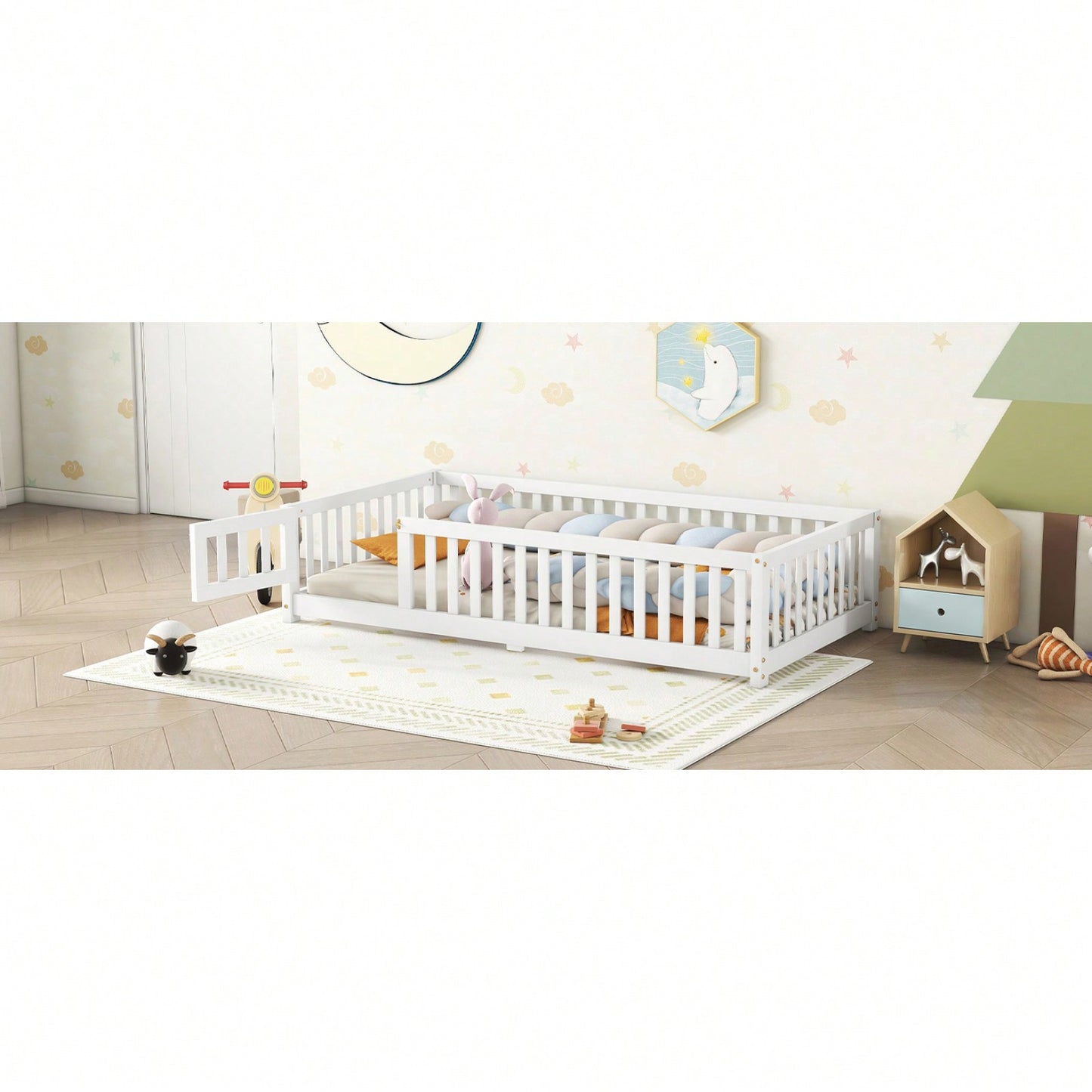 The Twin Size Bed Floor Bed With Safety Guardrails And Door For Kids