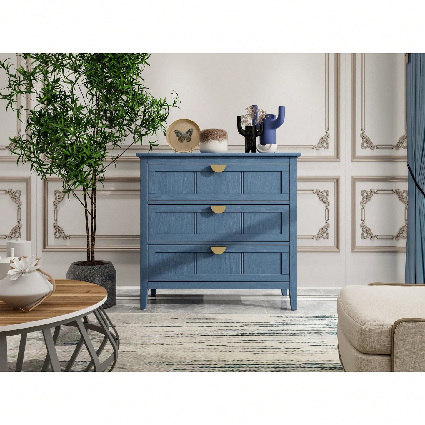 3 Drawer Wooden Grain Cabinet for Bedroom Living Room Study Adjustable Back Plate Anti-Slip Mats Metal Handles 140 lb Capacity