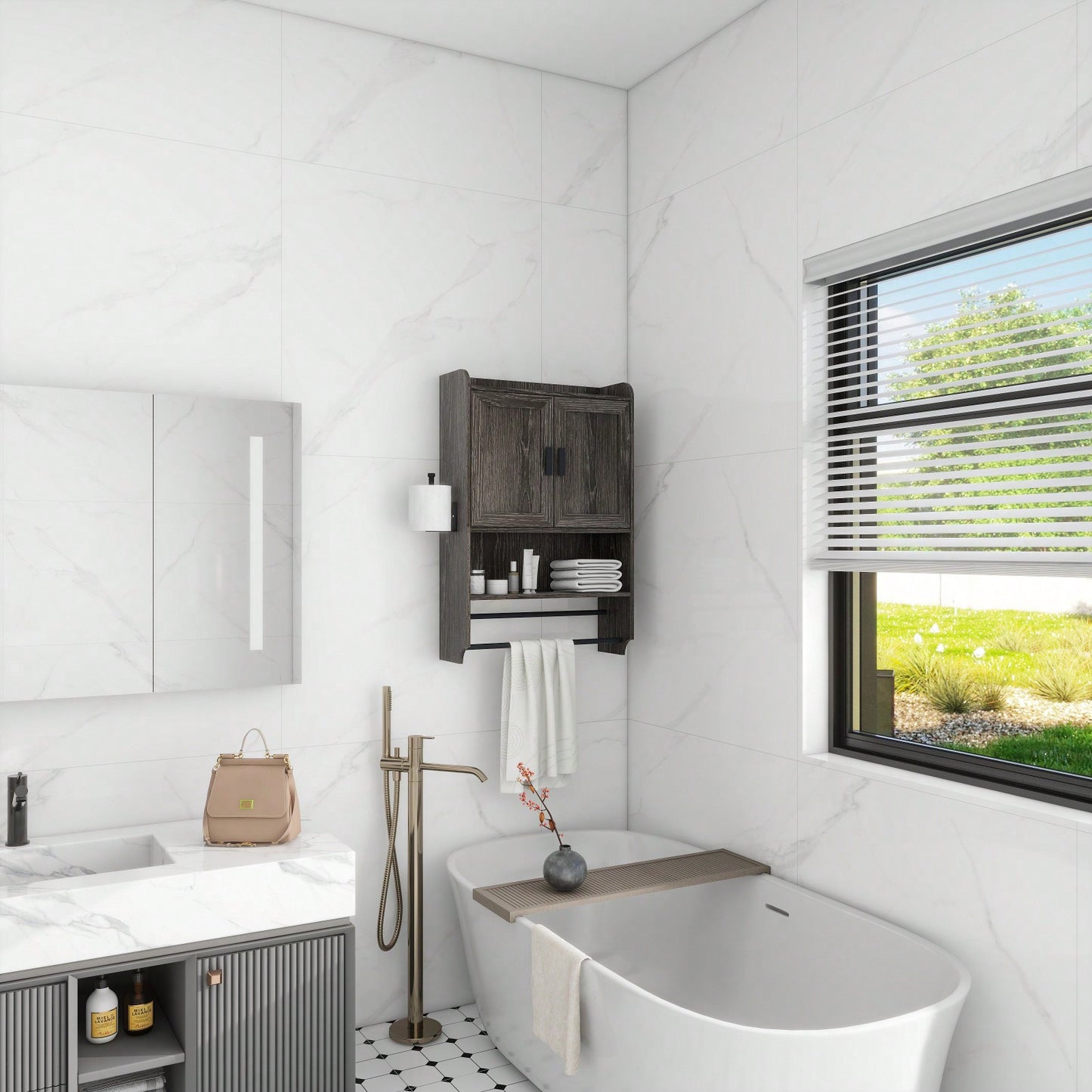 Bathroom Wall Cabinet With Doors, Adjustable Shelf, Towel Bar And Paper Holder