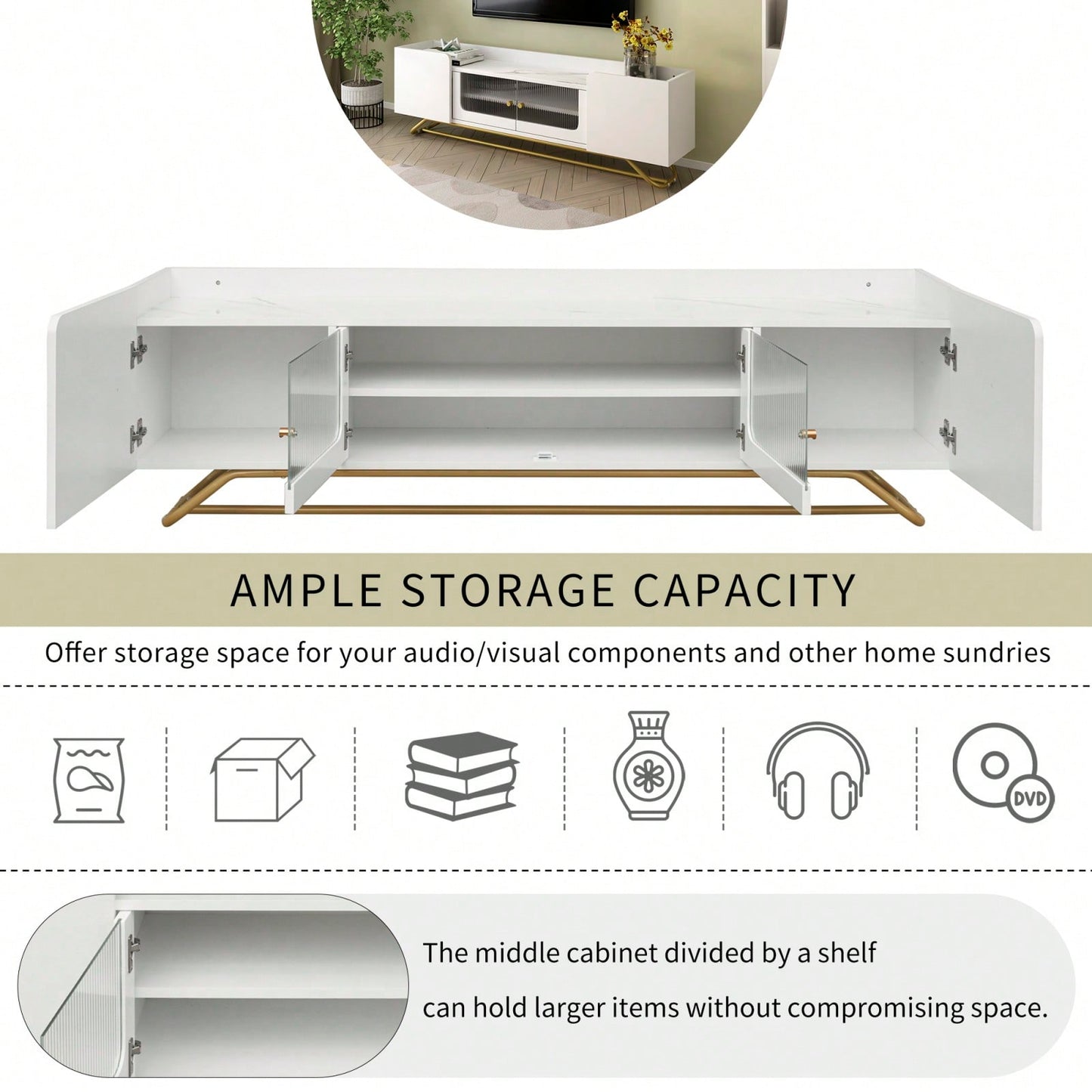 Contemporary TV Stand with Fluted Glass Doors and Faux Marble Top for TVs Up to 70 Inches Stylish Entertainment Center