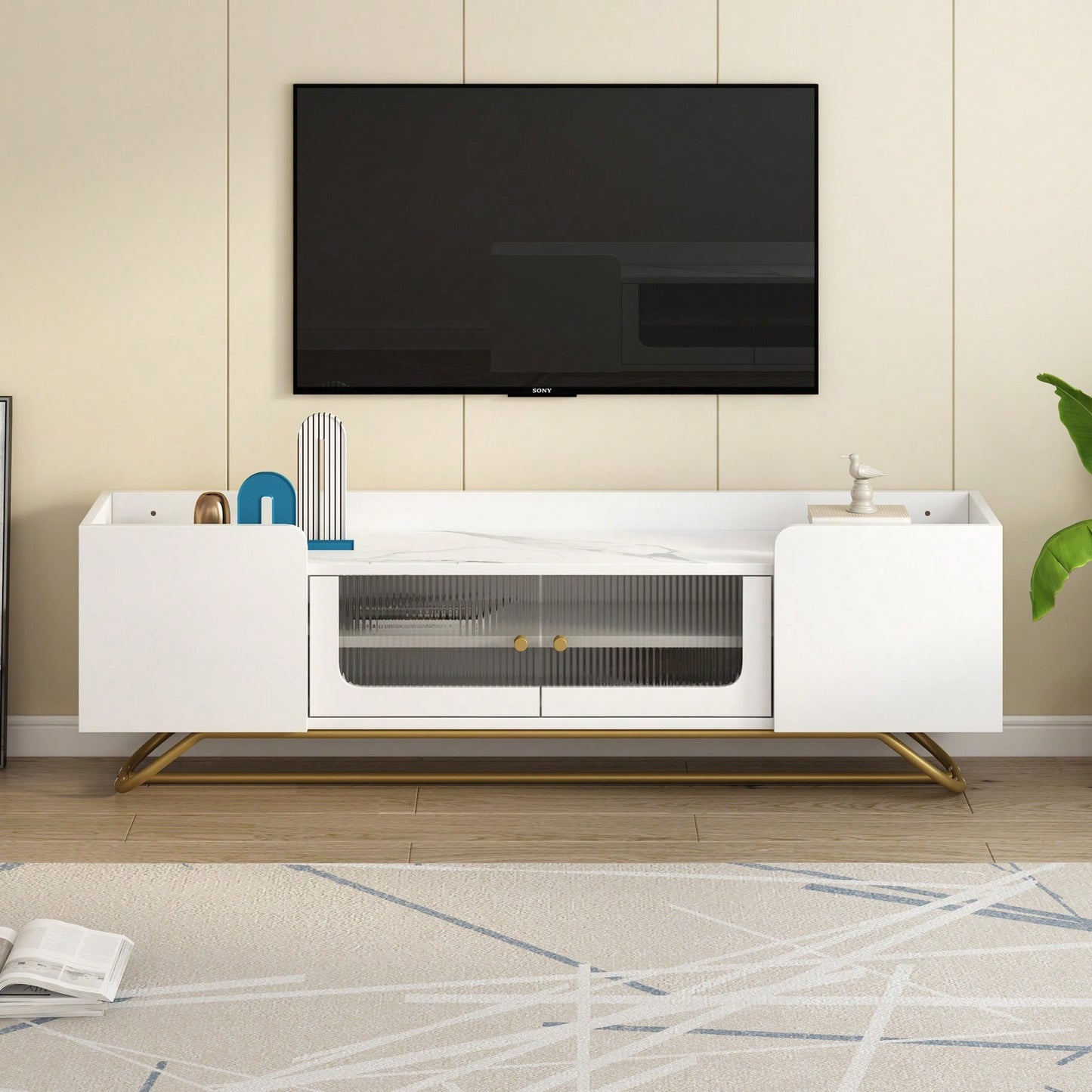 Contemporary TV Stand with Fluted Glass Doors and Faux Marble Top for TVs Up to 70 Inches Stylish Entertainment Center
