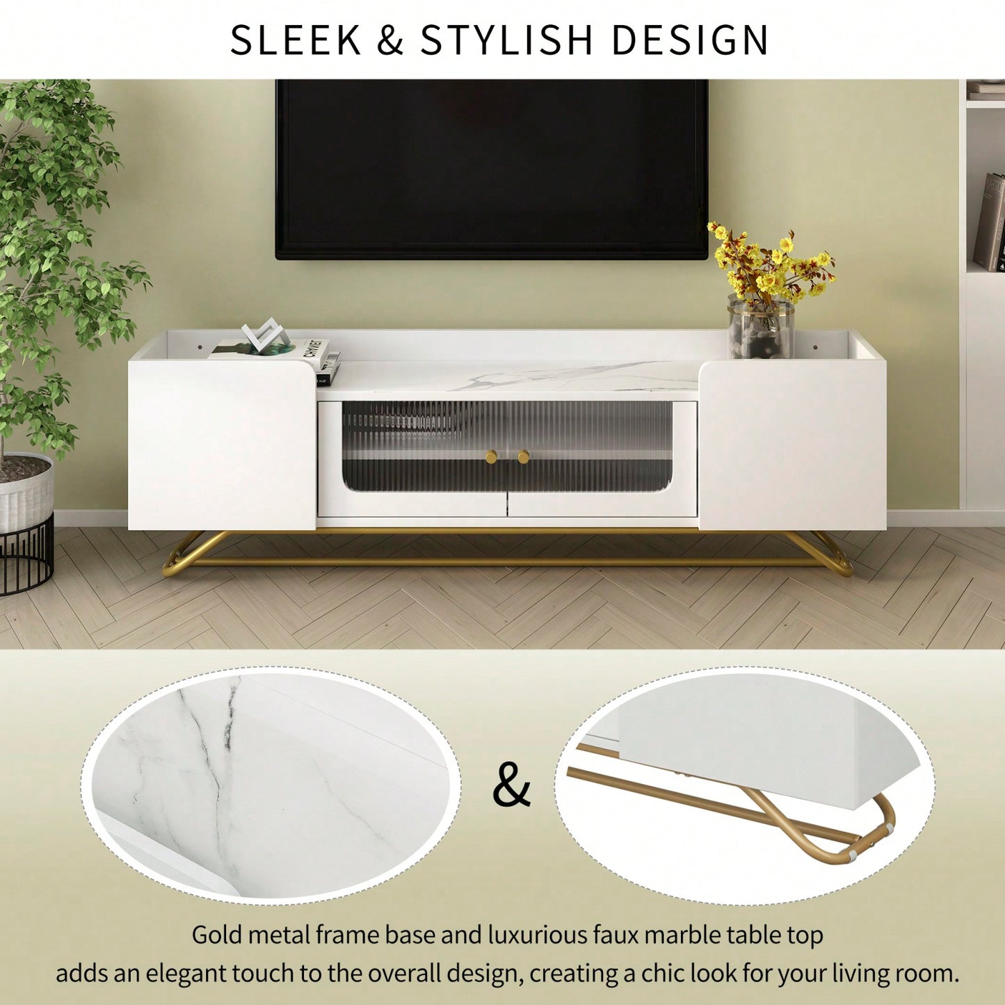 Contemporary TV Stand with Fluted Glass Doors and Faux Marble Top for TVs Up to 70 Inches Stylish Entertainment Center