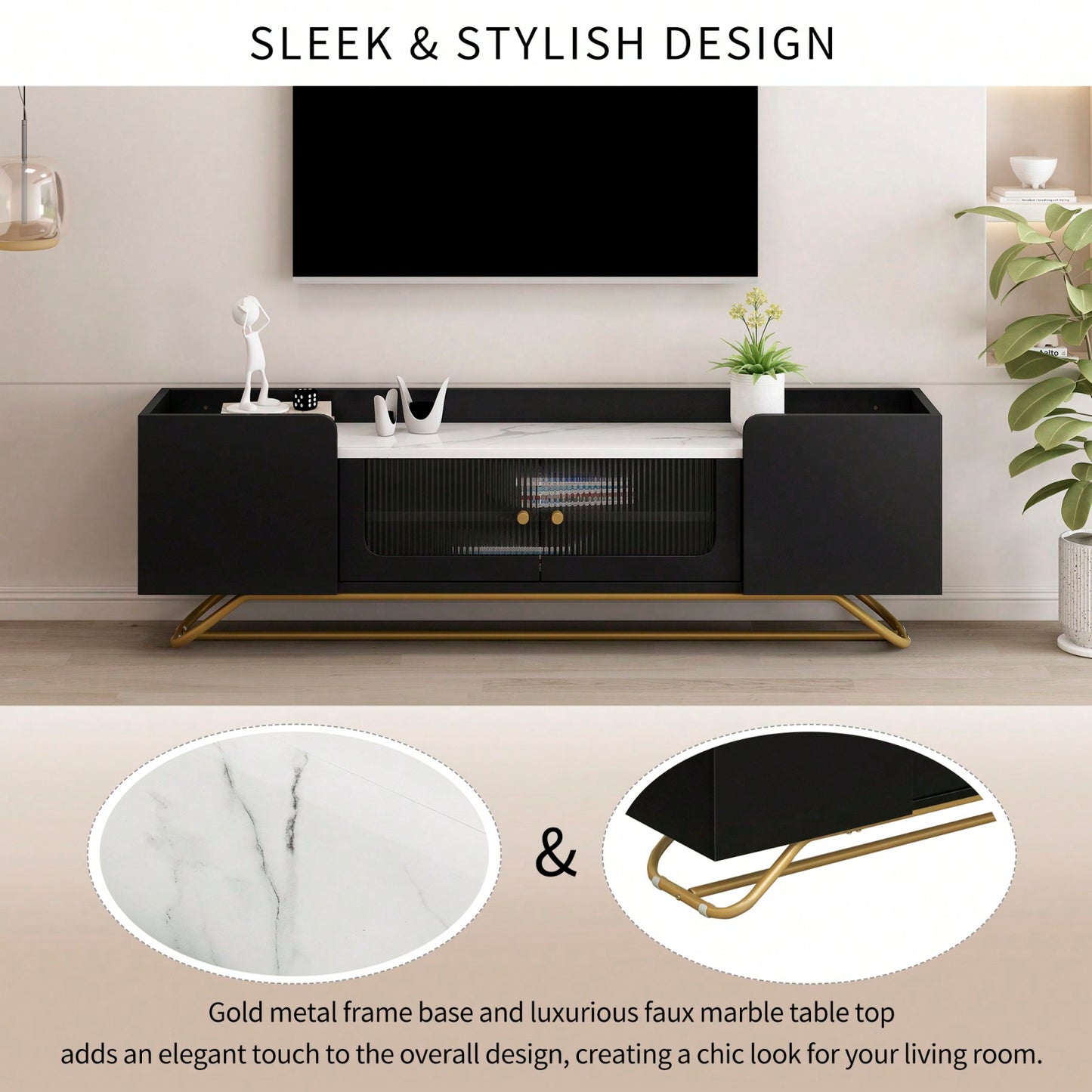 Contemporary TV Stand with Fluted Glass Doors and Faux Marble Top for TVs Up to 70 Inches Stylish Entertainment Center