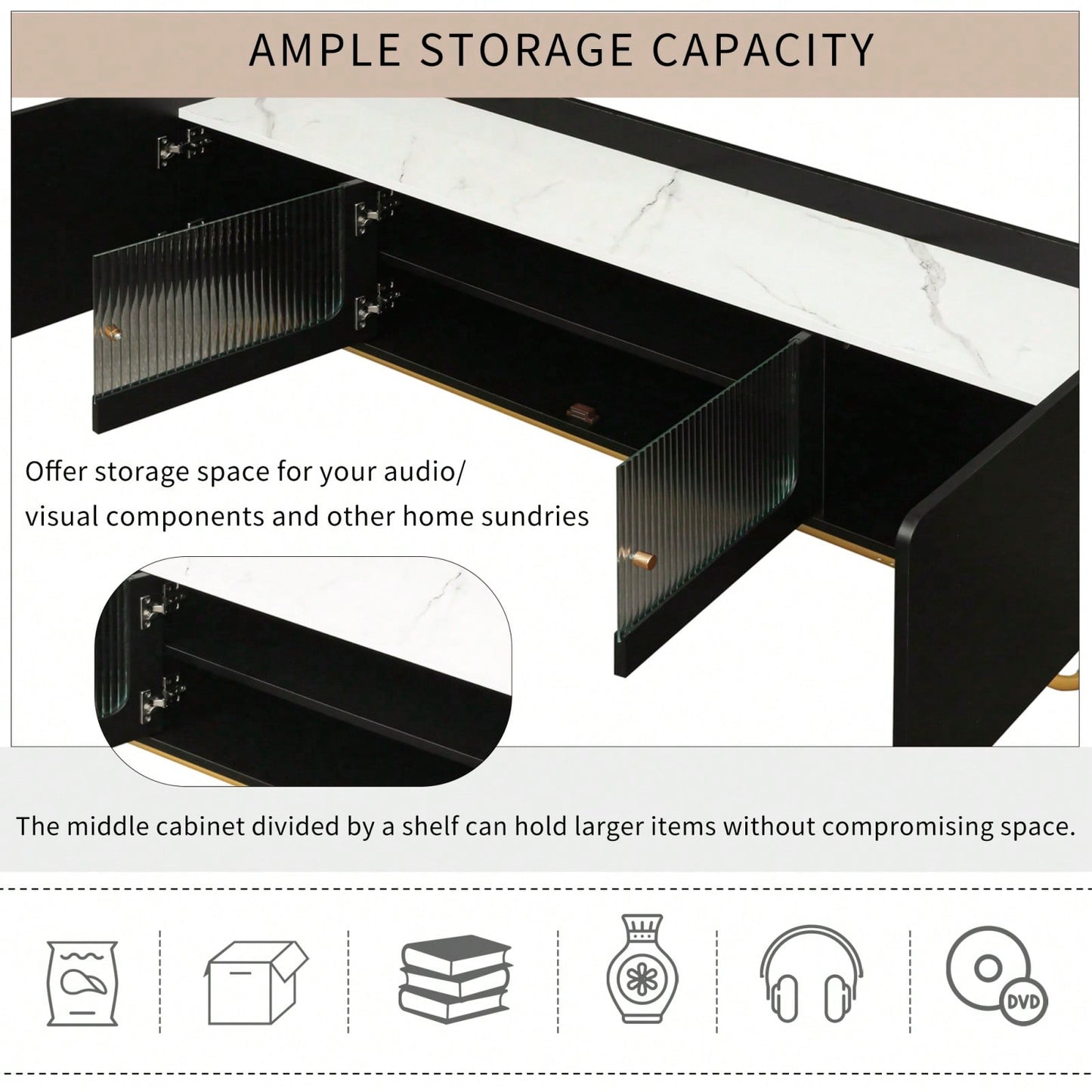Contemporary TV Stand with Fluted Glass Doors and Faux Marble Top for TVs Up to 70 Inches Stylish Entertainment Center
