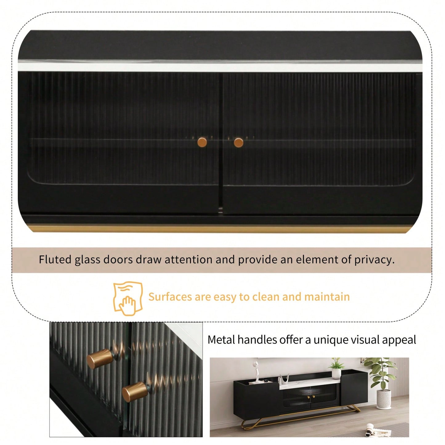 Contemporary TV Stand with Fluted Glass Doors and Faux Marble Top for TVs Up to 70 Inches Stylish Entertainment Center
