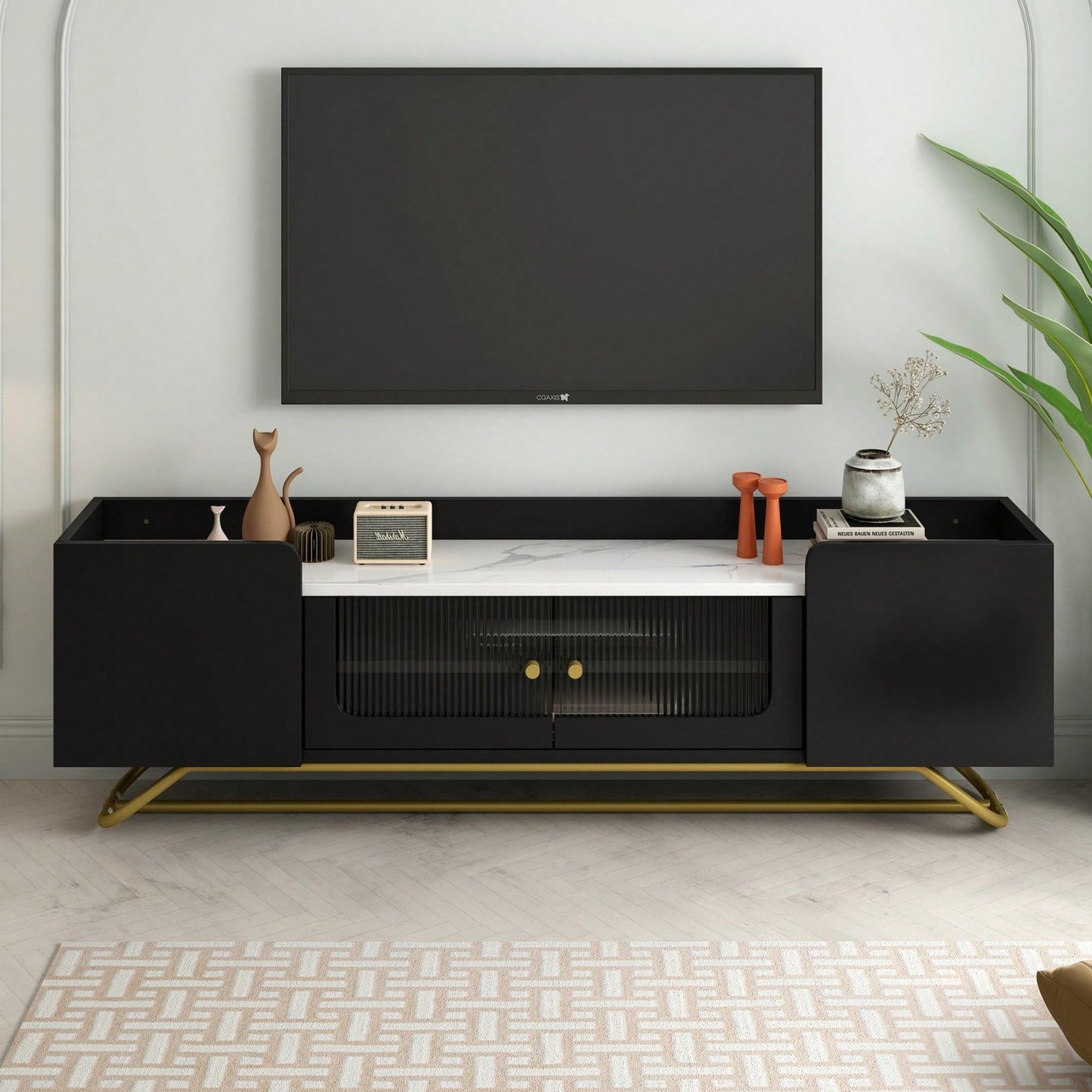 Contemporary TV Stand with Fluted Glass Doors and Faux Marble Top for TVs Up to 70 Inches Stylish Entertainment Center