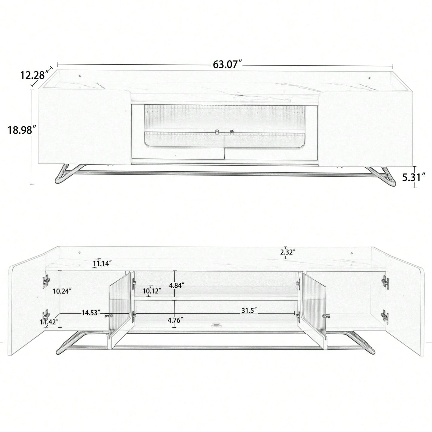 Contemporary TV Stand with Fluted Glass Doors and Faux Marble Top for TVs Up to 70 Inches Stylish Entertainment Center