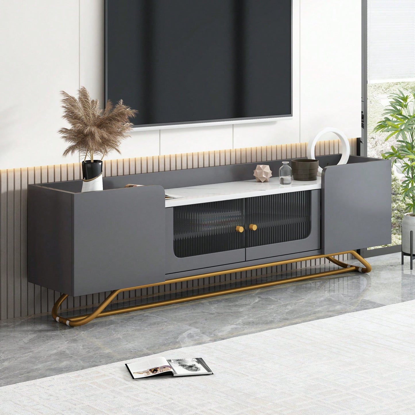 Contemporary TV Stand with Fluted Glass Doors and Faux Marble Top for TVs Up to 70 Inches Stylish Entertainment Center