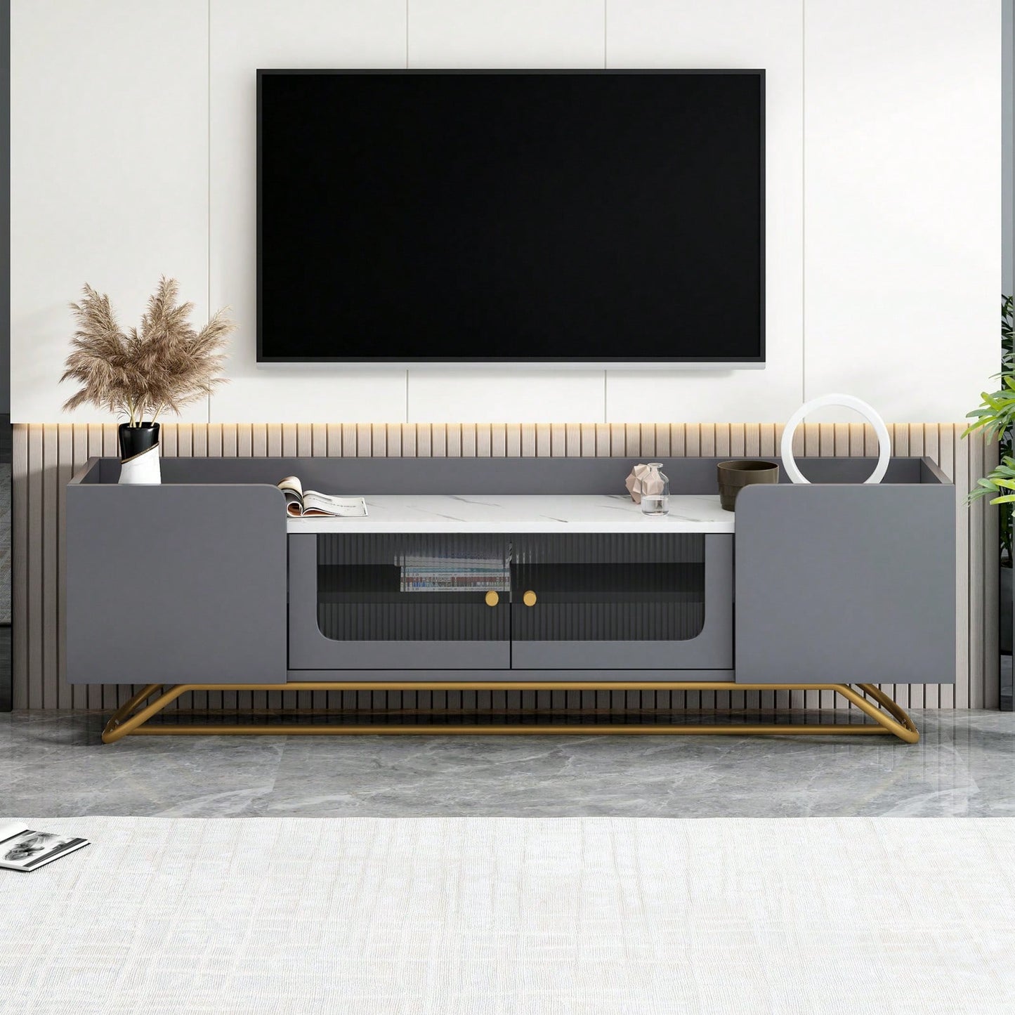 Contemporary TV Stand with Fluted Glass Doors and Faux Marble Top for TVs Up to 70 Inches Stylish Entertainment Center