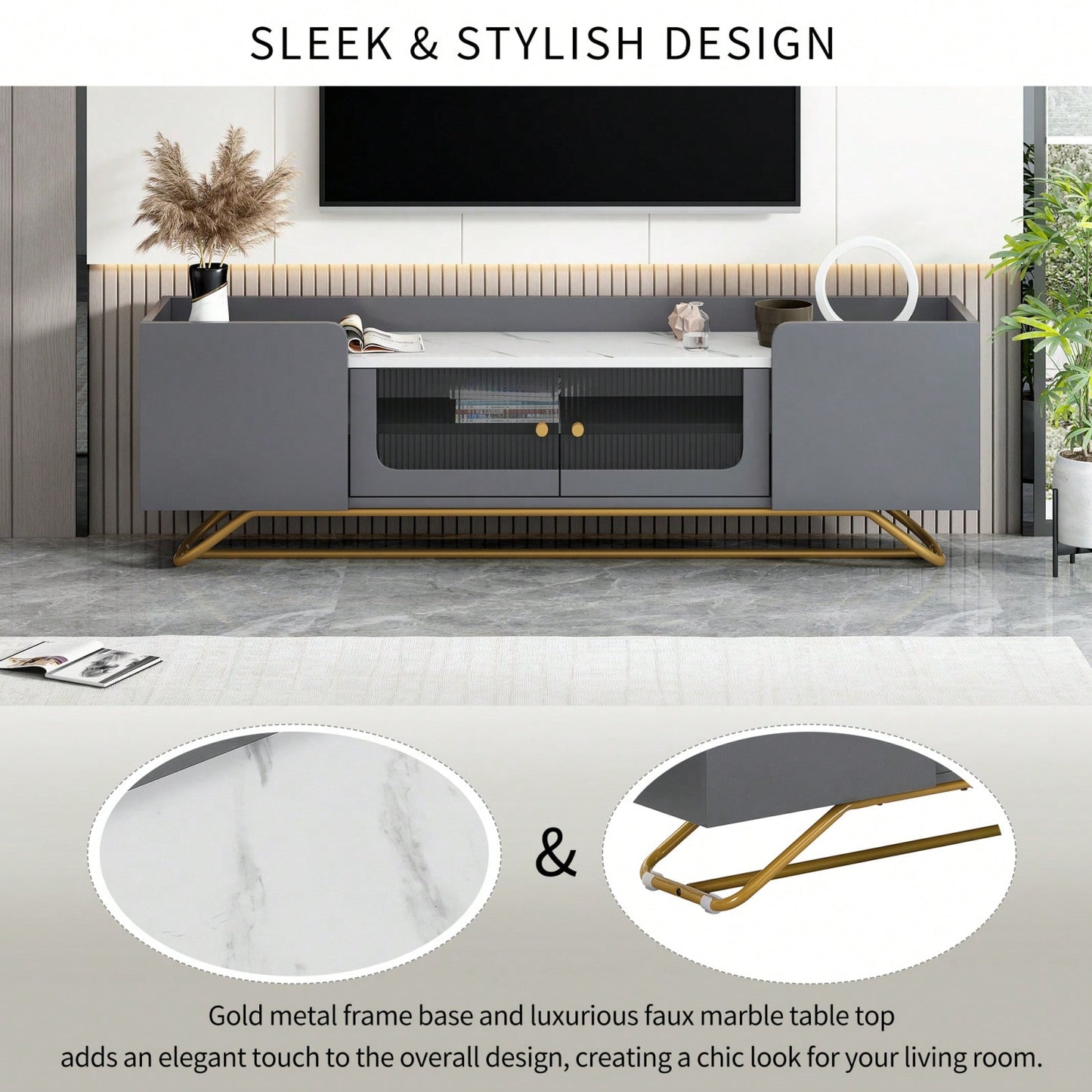 Contemporary TV Stand with Fluted Glass Doors and Faux Marble Top for TVs Up to 70 Inches Stylish Entertainment Center