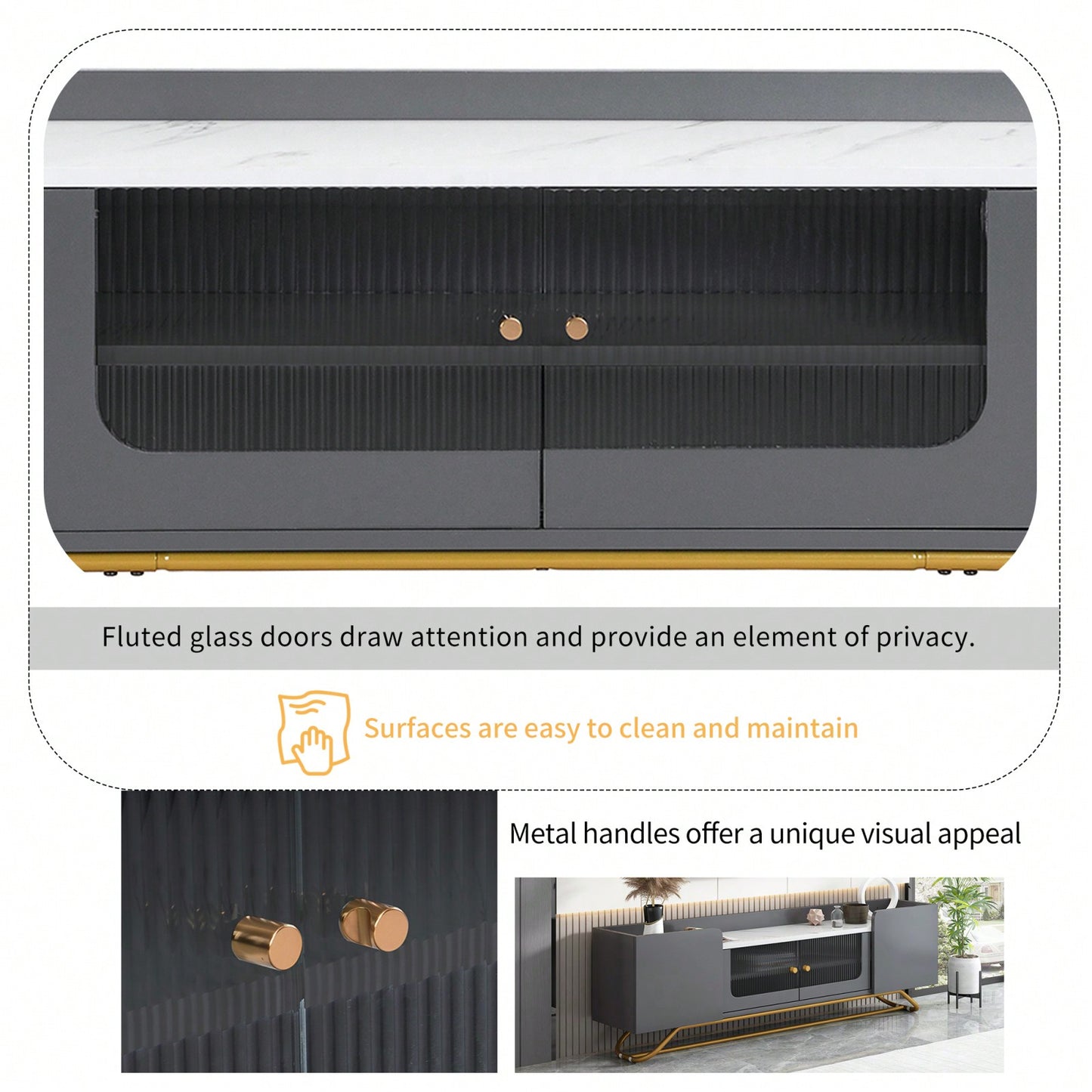 Contemporary TV Stand with Fluted Glass Doors and Faux Marble Top for TVs Up to 70 Inches Stylish Entertainment Center