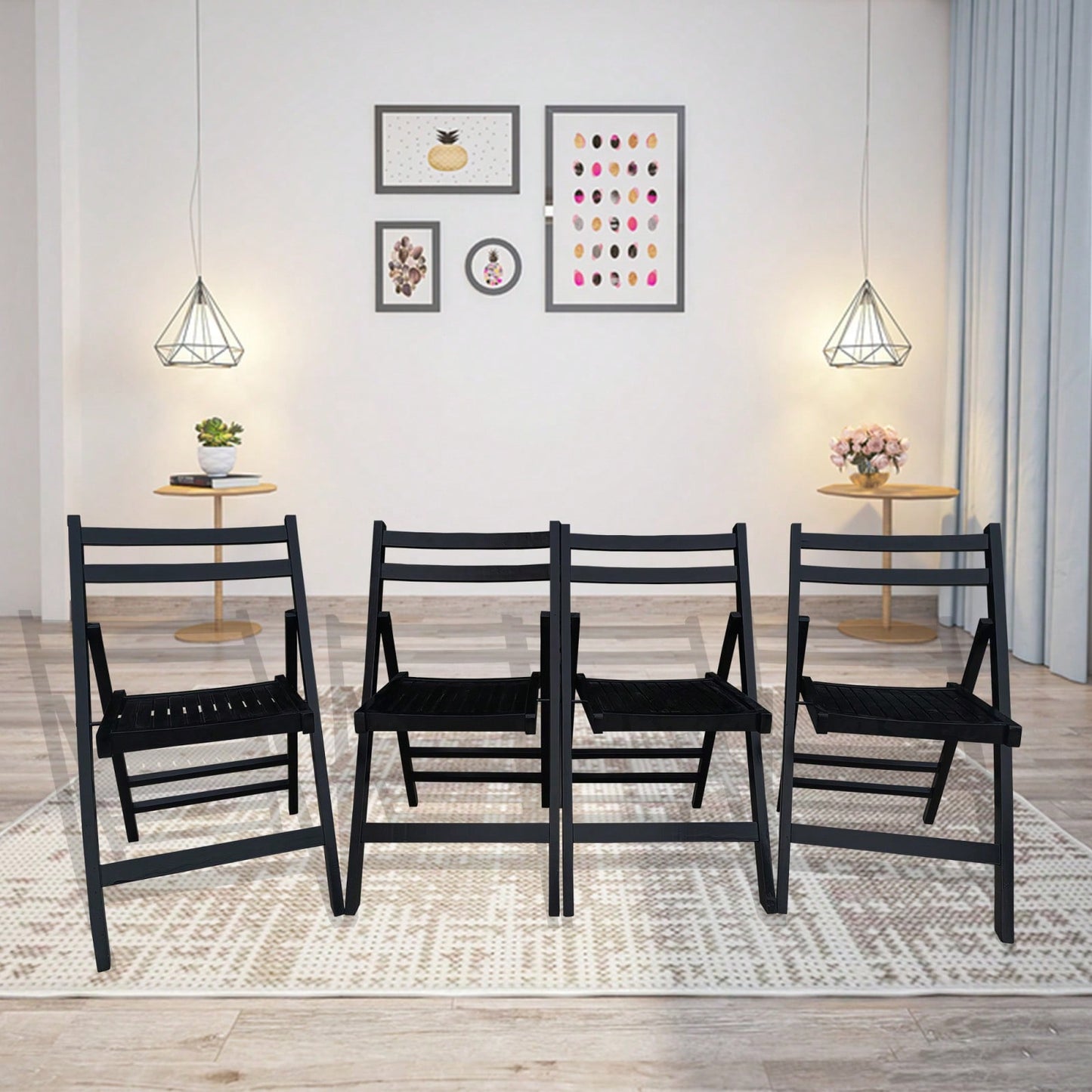 Pack Of 4, Slatted Solid Wood Folding Chair Set