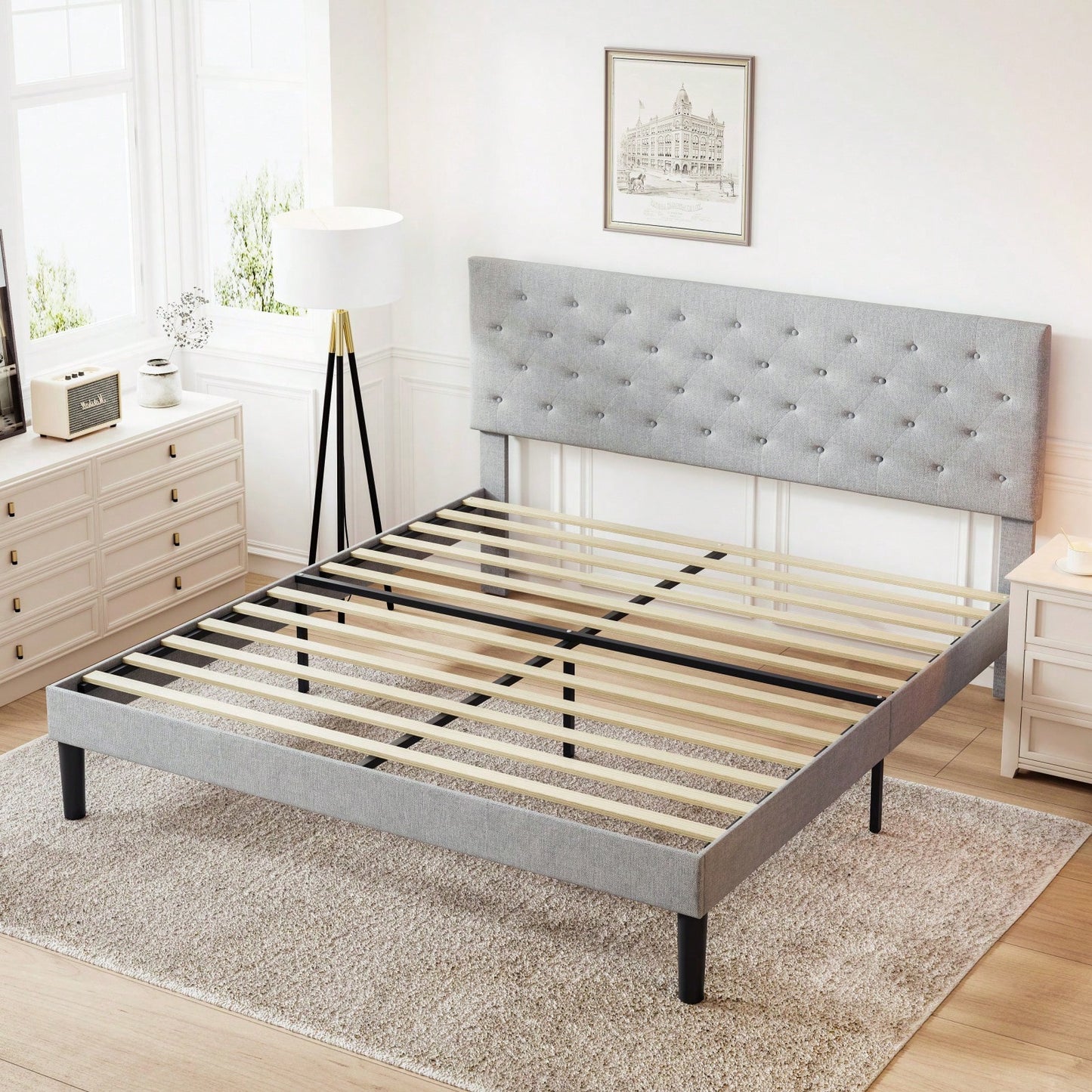 Queen Grey Bed Frame with Adjustable Headboard Wooden Slats Center Support 705 Lbs Capacity Easy Assembly Under Bed Storage