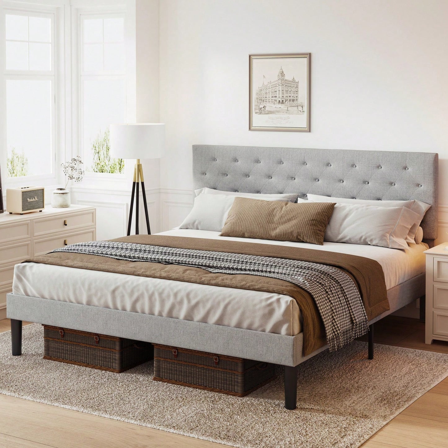 Queen Grey Bed Frame with Adjustable Headboard Wooden Slats Center Support 705 Lbs Capacity Easy Assembly Under Bed Storage