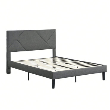 Modern Grey Queen Size Upholstered Platform Bed Frame with Wood Slat Support No Box Spring Needed Easy Assembly
