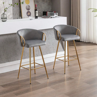 30 Inch Set of 2 Gray Velvet Bar Stools with Chrome Footrest and Gold Legs Modern Kitchen Home Decor