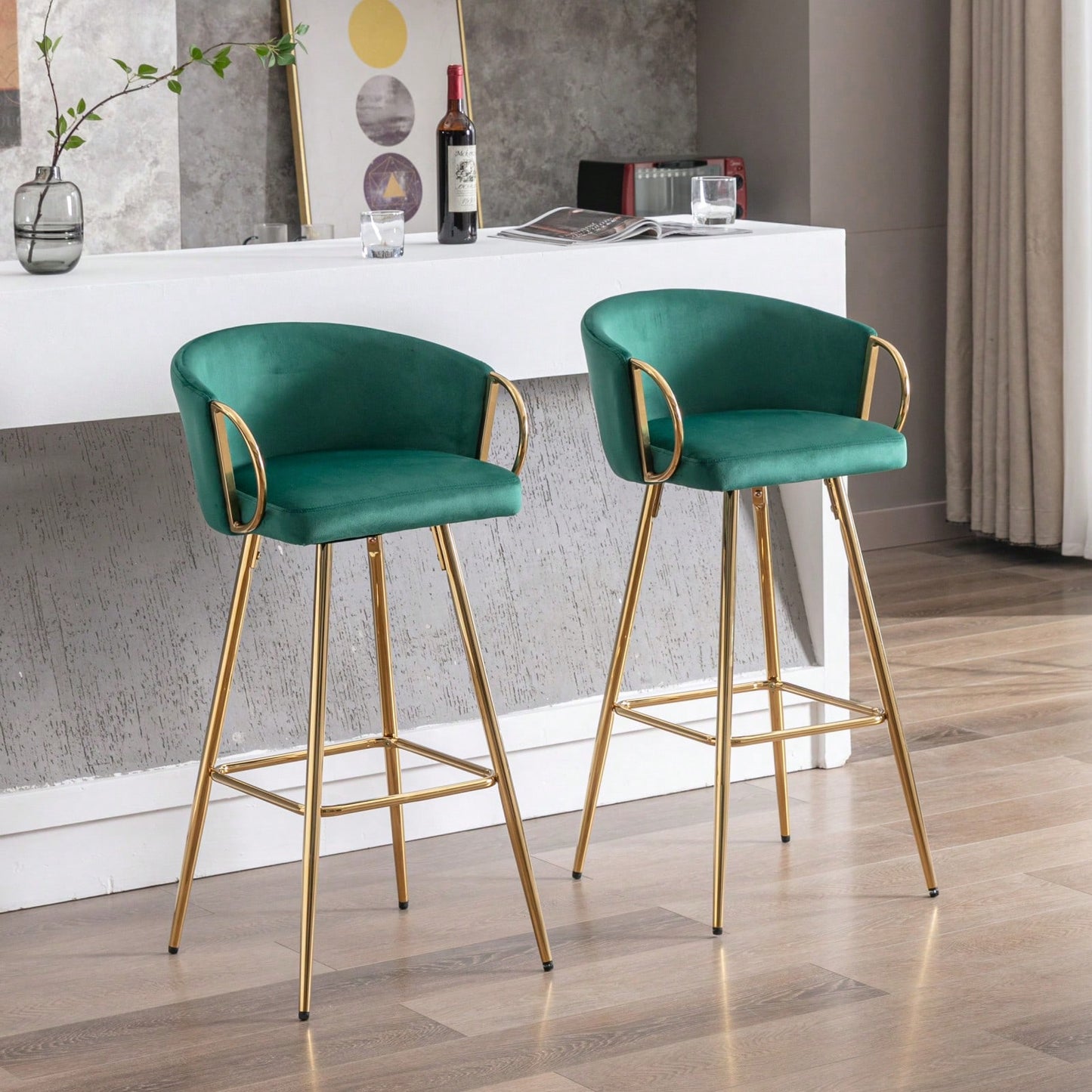 Elegant Green Velvet Bar Stools Set of 2 with Chrome Footrest and Golden Legs for Kitchen or Bar Decor