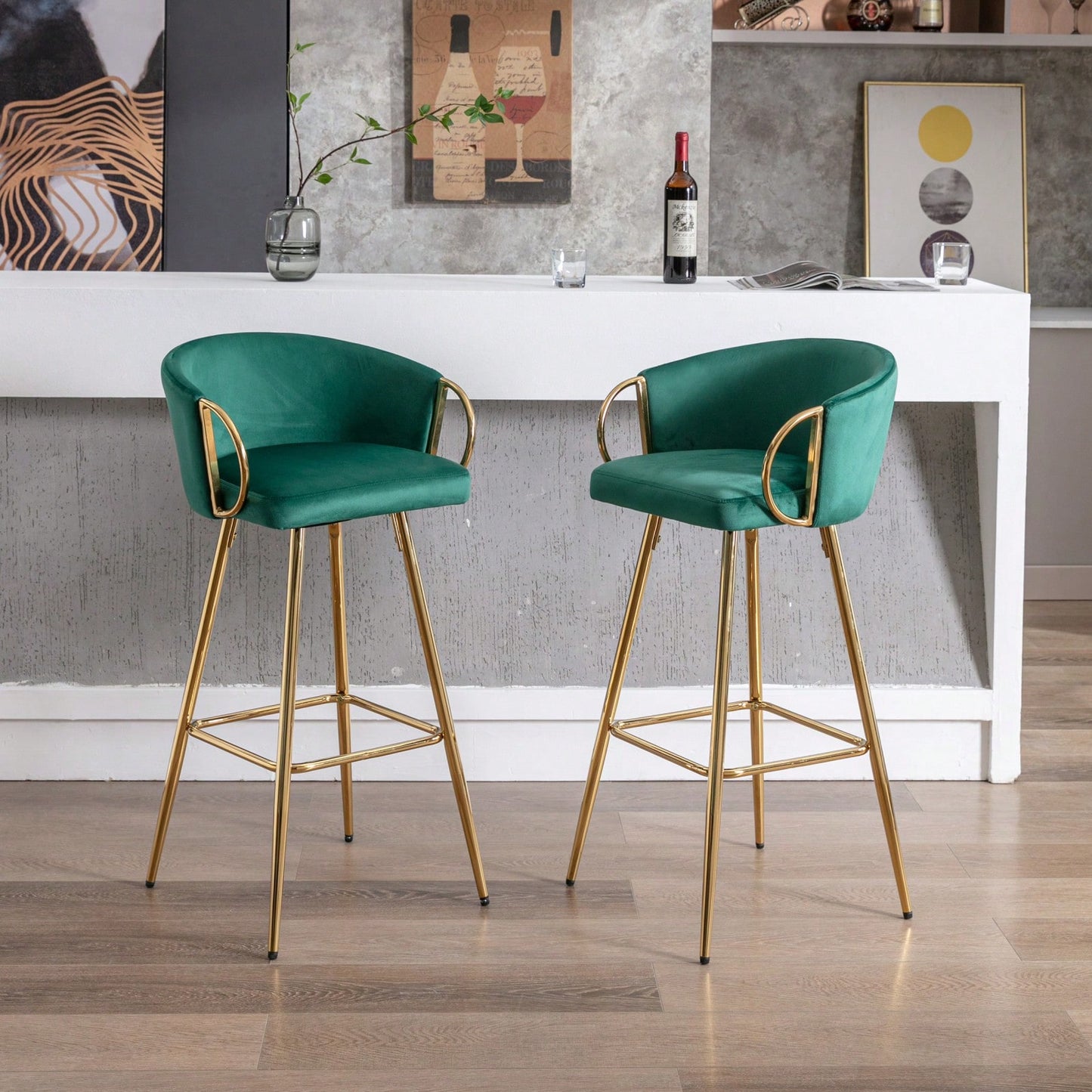 Elegant Green Velvet Bar Stools Set of 2 with Chrome Footrest and Golden Legs for Kitchen or Bar Decor