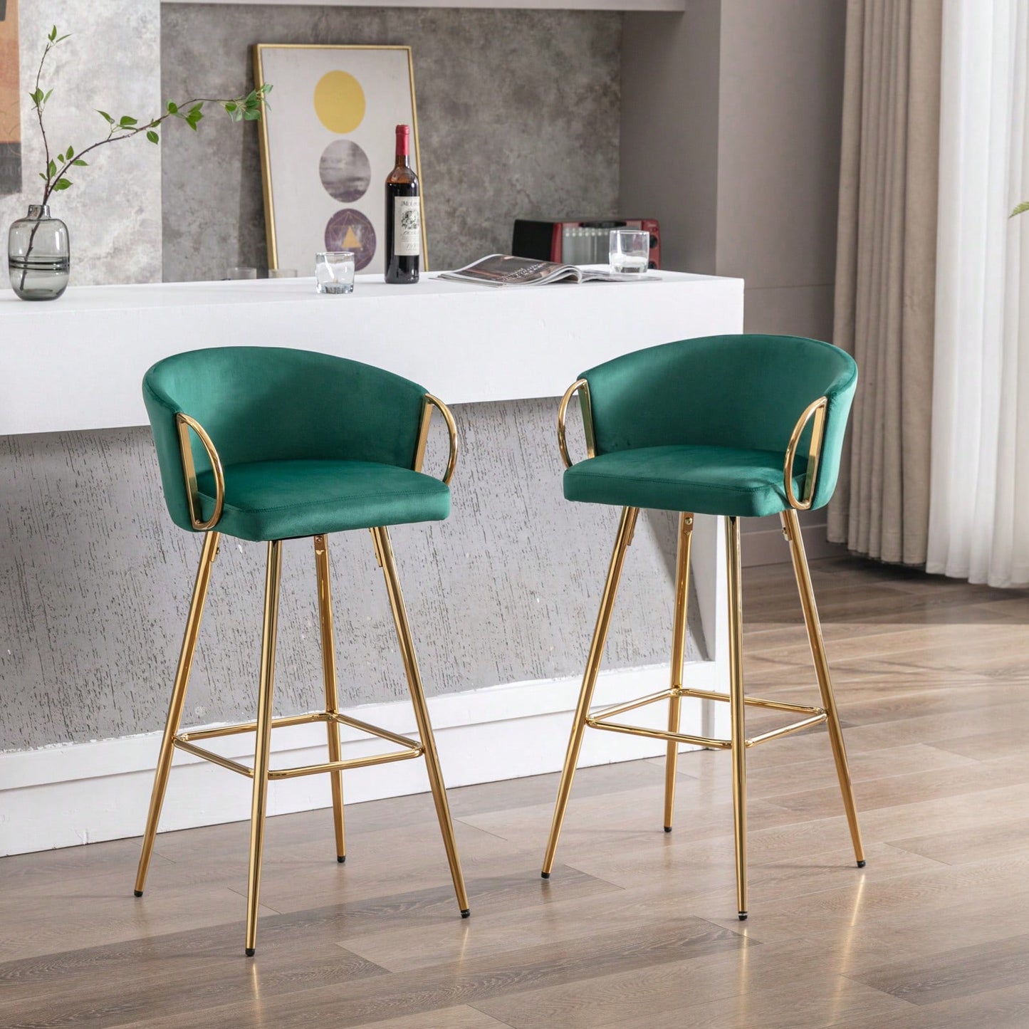 Elegant Green Velvet Bar Stools Set of 2 with Chrome Footrest and Golden Legs for Kitchen or Bar Decor