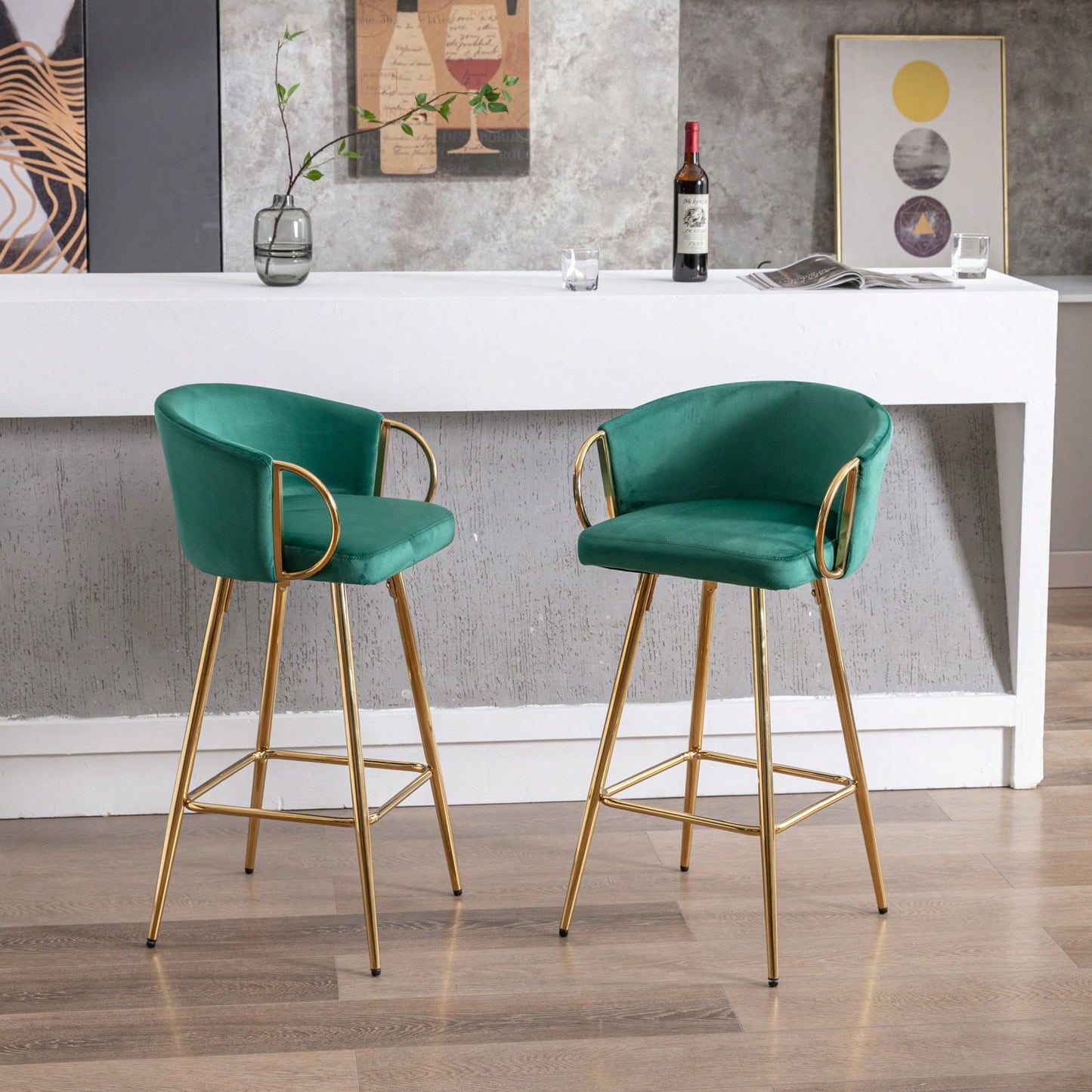 Elegant Green Velvet Bar Stools Set of 2 with Chrome Footrest and Golden Legs for Kitchen or Bar Decor