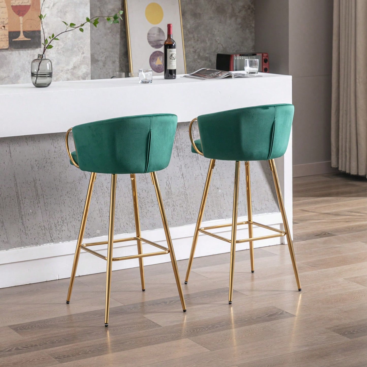 Elegant Green Velvet Bar Stools Set of 2 with Chrome Footrest and Golden Legs for Kitchen or Bar Decor