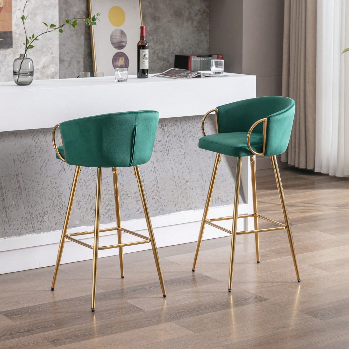 Elegant Green Velvet Bar Stools Set of 2 with Chrome Footrest and Golden Legs for Kitchen or Bar Decor