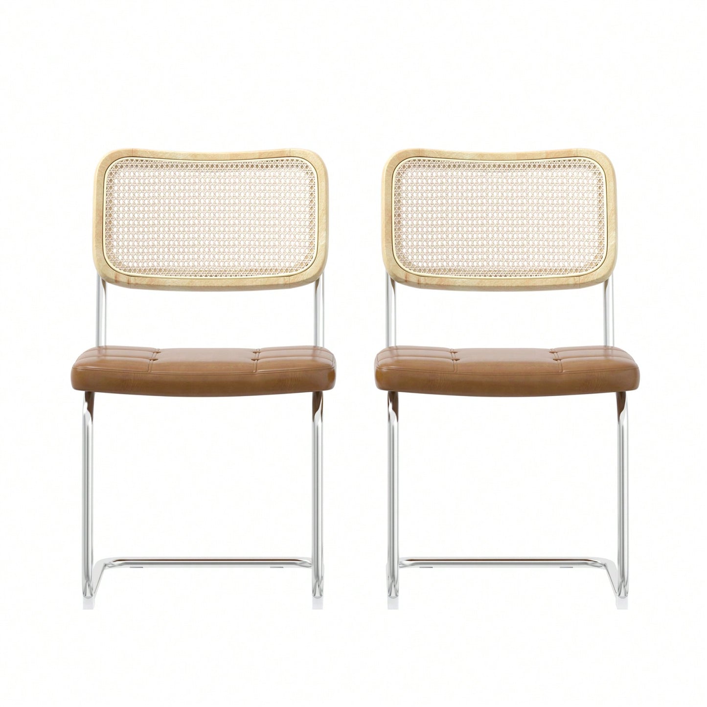 Set of 2 Rattan Dining Chairs with High-Density Sponge PU Leather Electroplated Legs for Living Room and Bedroom