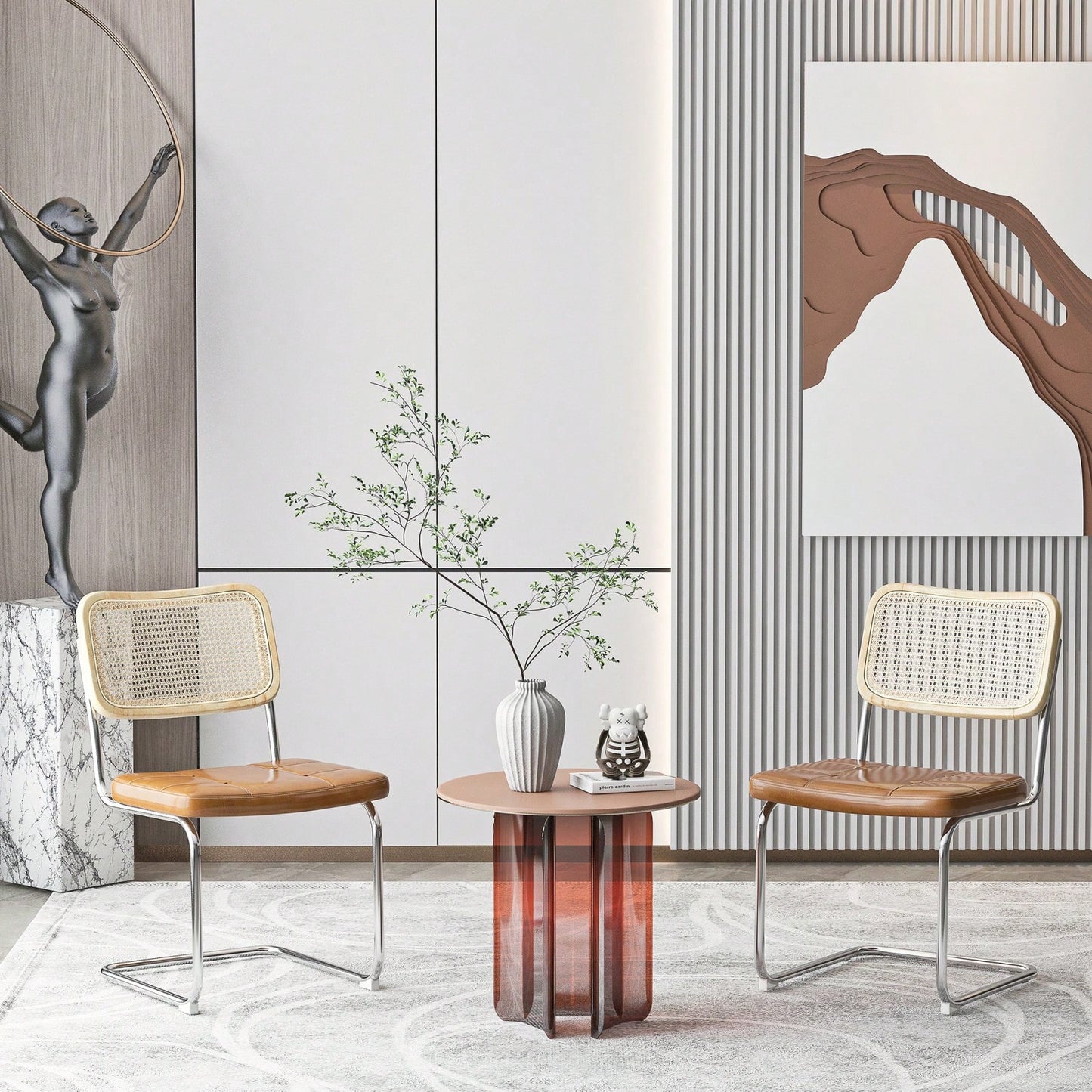 Set of 2 Rattan Dining Chairs with High-Density Sponge PU Leather Electroplated Legs for Living Room and Bedroom